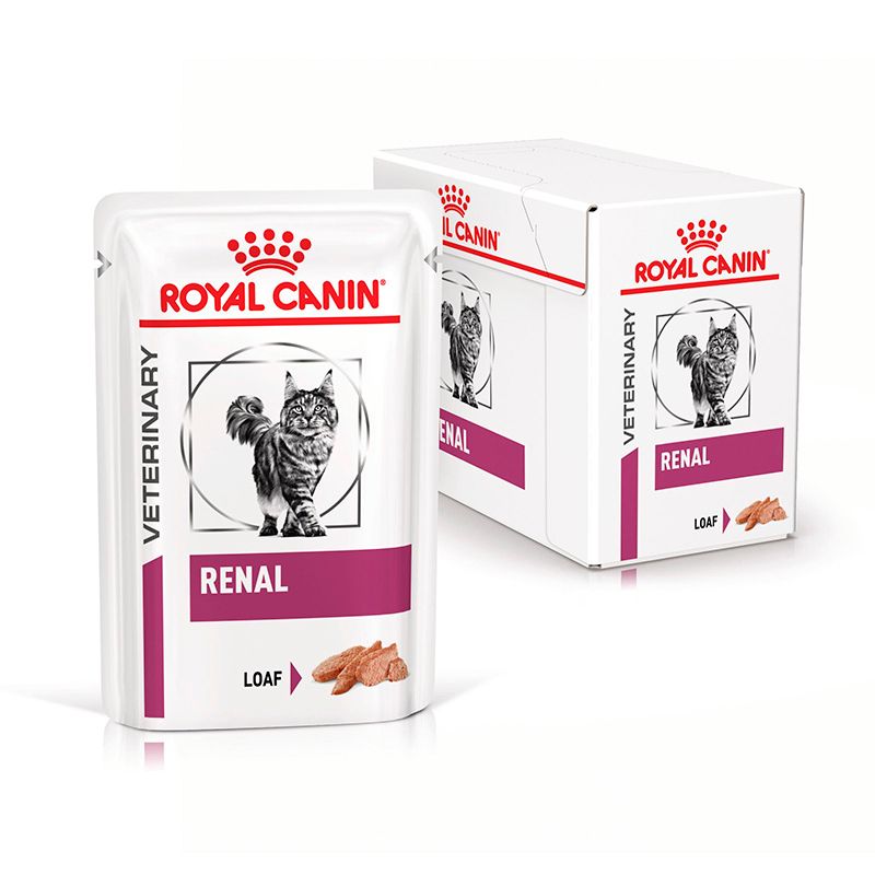 Royal Canin Veterinary Renal Loaf Katzenfutter Beutel und Kartonverpackung mit Abbildung einer Katze und Brocken.