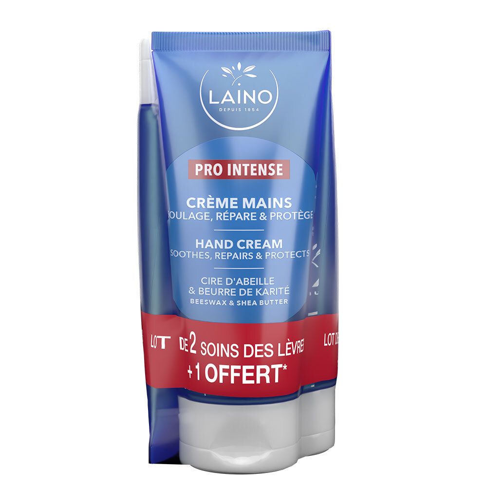 LAINO Pro Intense Handcreme-Packung. Enthält Handcreme und Lippenpflege. Blaue Tube mit roter Schrift.