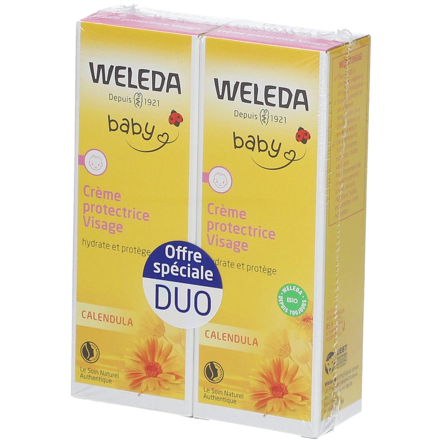 Zwei gelbe Kartons mit Text. Aufschrift: WELEDA Baby Crème protectrice Visage. Duo-Packung mit Calendula-Blüten.