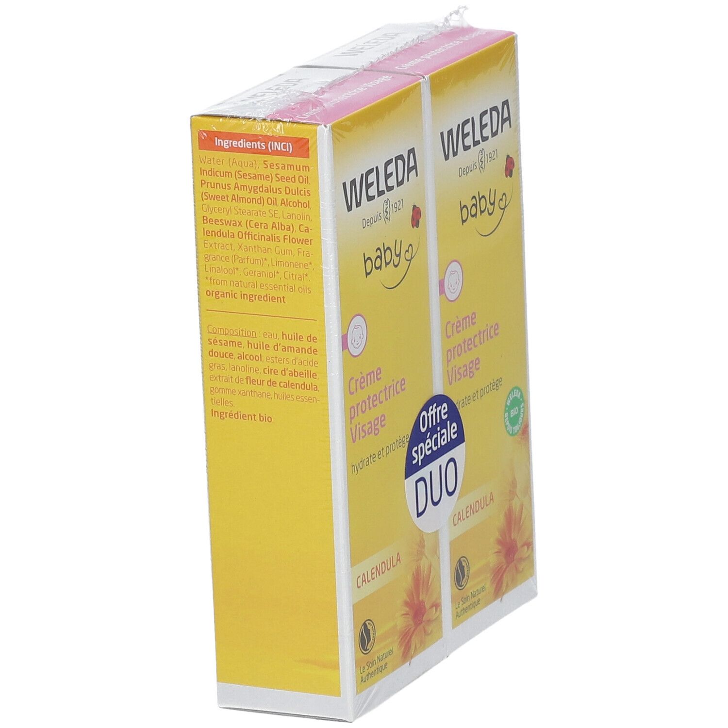 Zwei gelbe Kartons, schräg gestellt. Aufschrift: WELEDA Baby Crème protectrice Visage. Duo-Packung mit Calendula-Blüten.