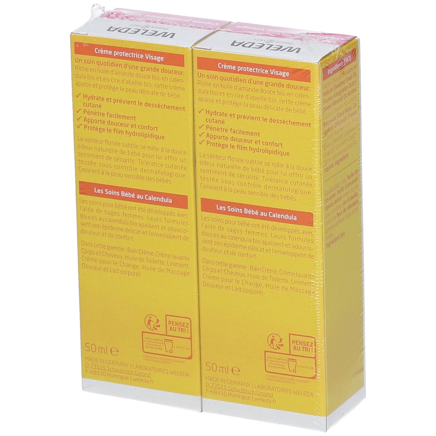 Rückseite von zwei gelben Kartons. Text auf Französisch. Aufschrift: Crème protectrice Visage. 50 ml.