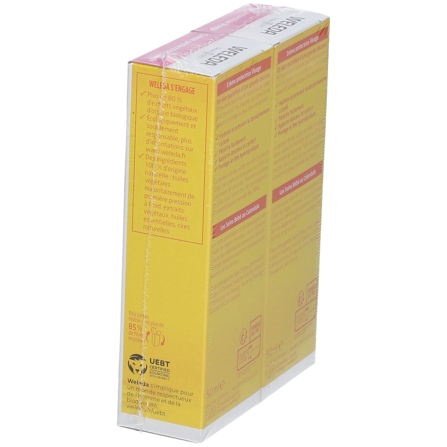 Seite eines gelben Kartons. Text auf Französisch. Aufschrift: WELEDA. UEBT-Zertifizierung. 50 ml.