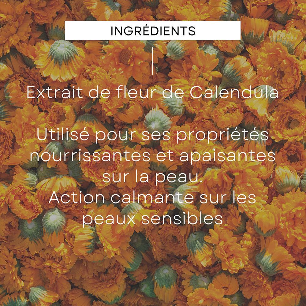 Nahaufnahme von getrockneten Calendula-Blüten. Text: Extrait de fleur de Calendula. Action calmante sur les peaux sensibles.