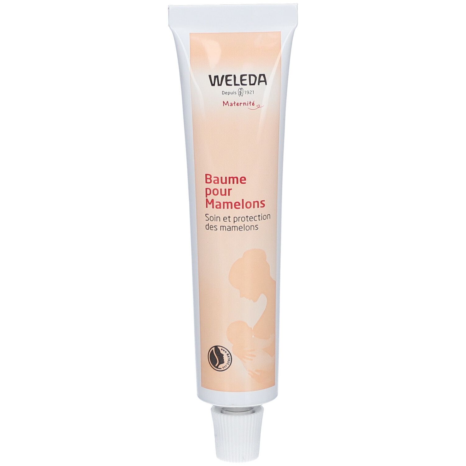 Tube de crème avec nom du produit et logo. Inscription : Baume pour Mamelons. Illustration d'une mère allaitante.
