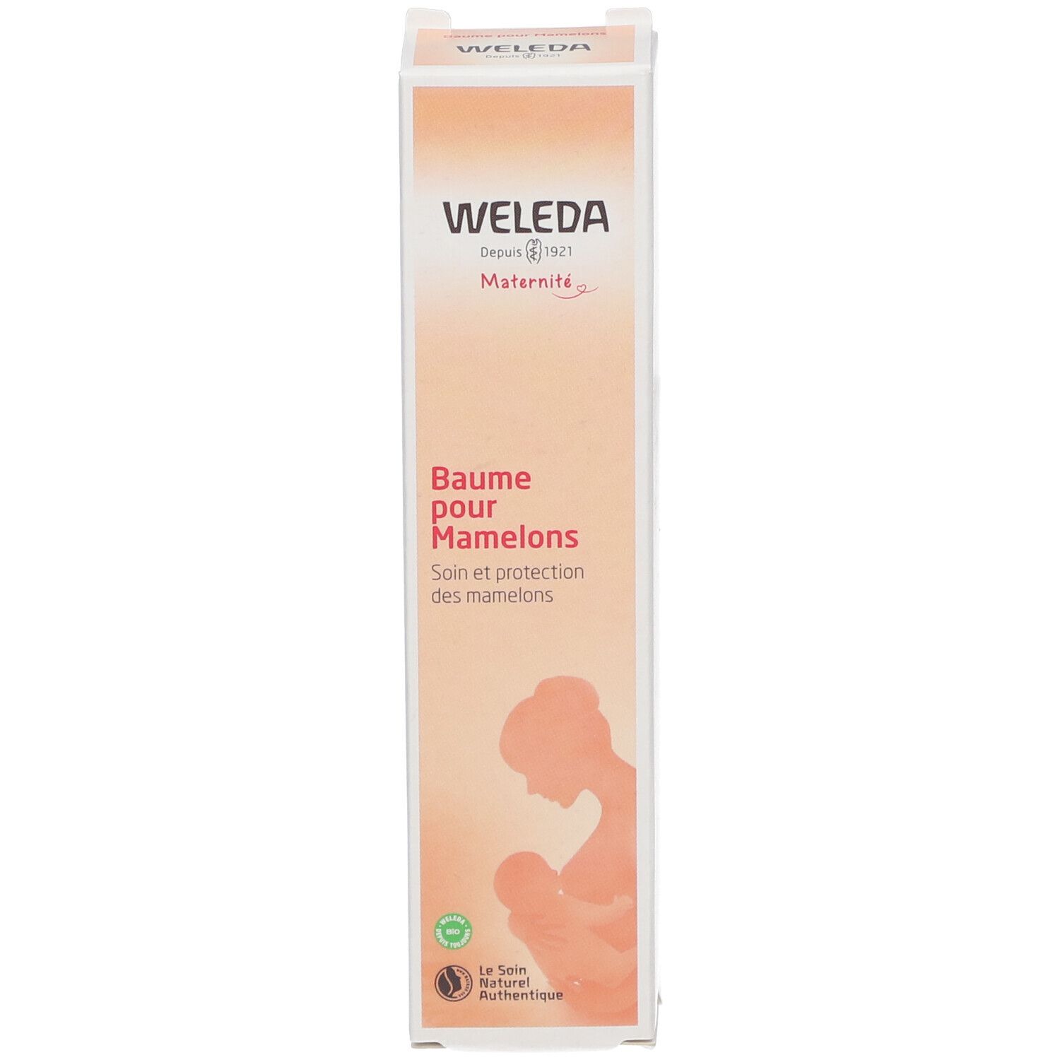 Emballage du produit. Inscription : Baume pour Mamelons. Logo et illustration d'une mère allaitante. Emballage.