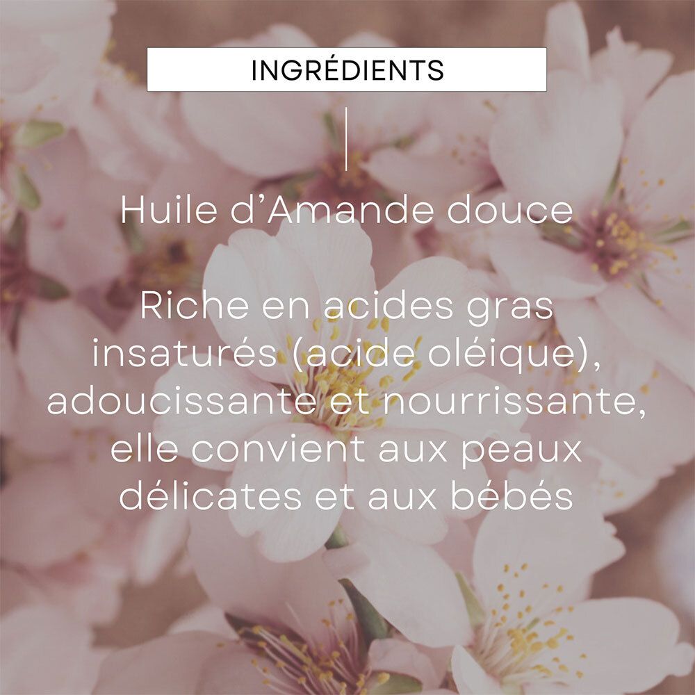 Texte avec ingrédients: Huile d'Amande douce, riche en acides gras insaturés, elle convient aux peaux délicates et aux bébés.