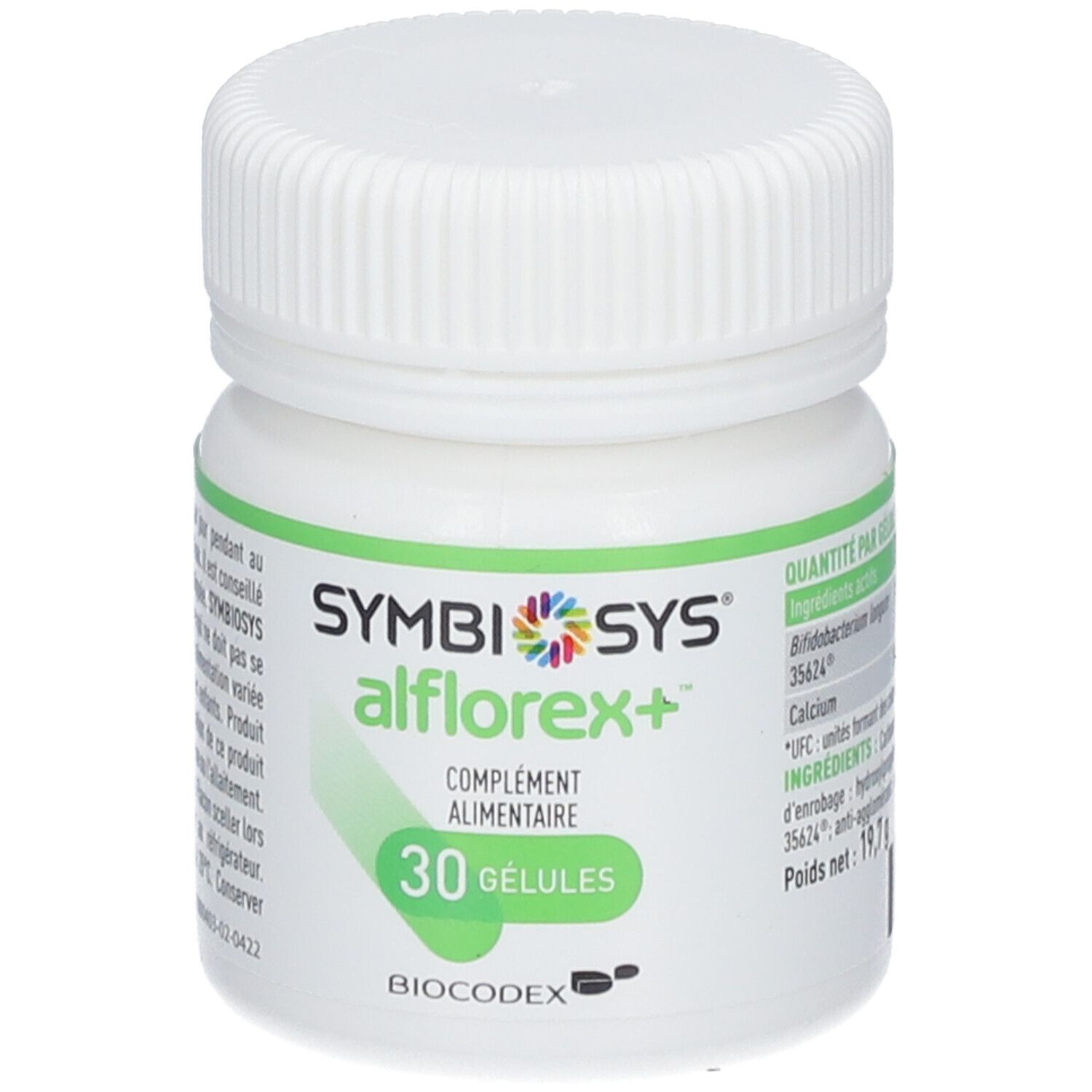 Weiße Flasche mit grünem Etikett. Aufschrift: SYMBIOSYS Alflorex+, 30 Kapseln. Enthält Bifidobacterium longum 35624.