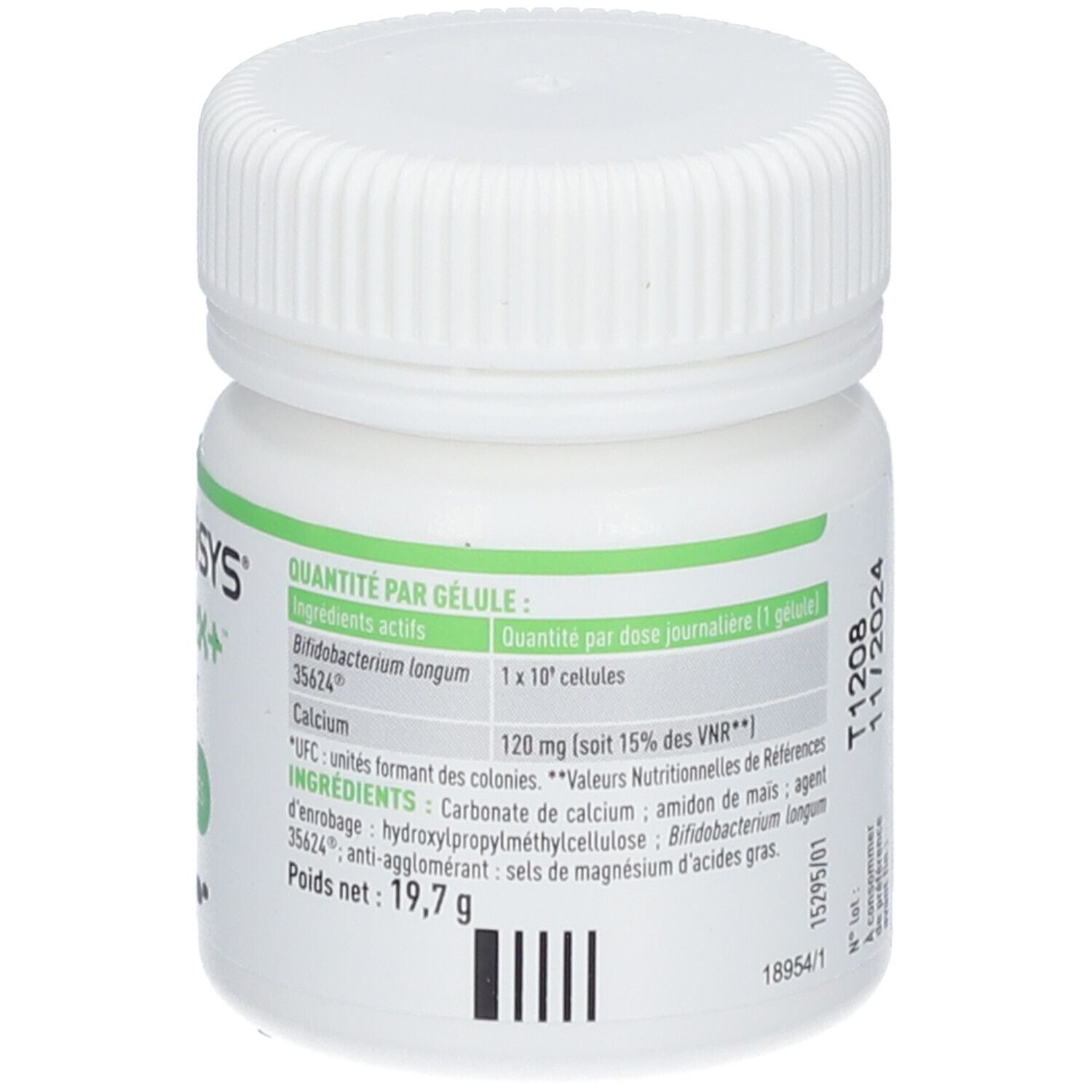 Weiße Flasche mit grünem Etikett. Text: Inhaltsstoffe. SYMBIOSYS Alflorex+. Enthält Informationen zu Inhaltsstoffen und Nährwerten.