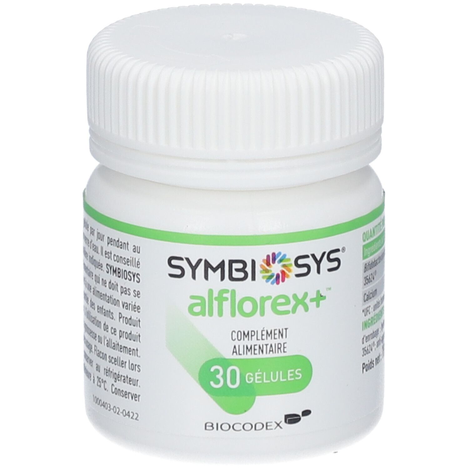 Weiße Flasche mit grünem Etikett. Aufschrift: SYMBIOSYS Alflorex+, 30 Kapseln. Enthält Informationen zu Inhaltsstoffen und Nährwerten.