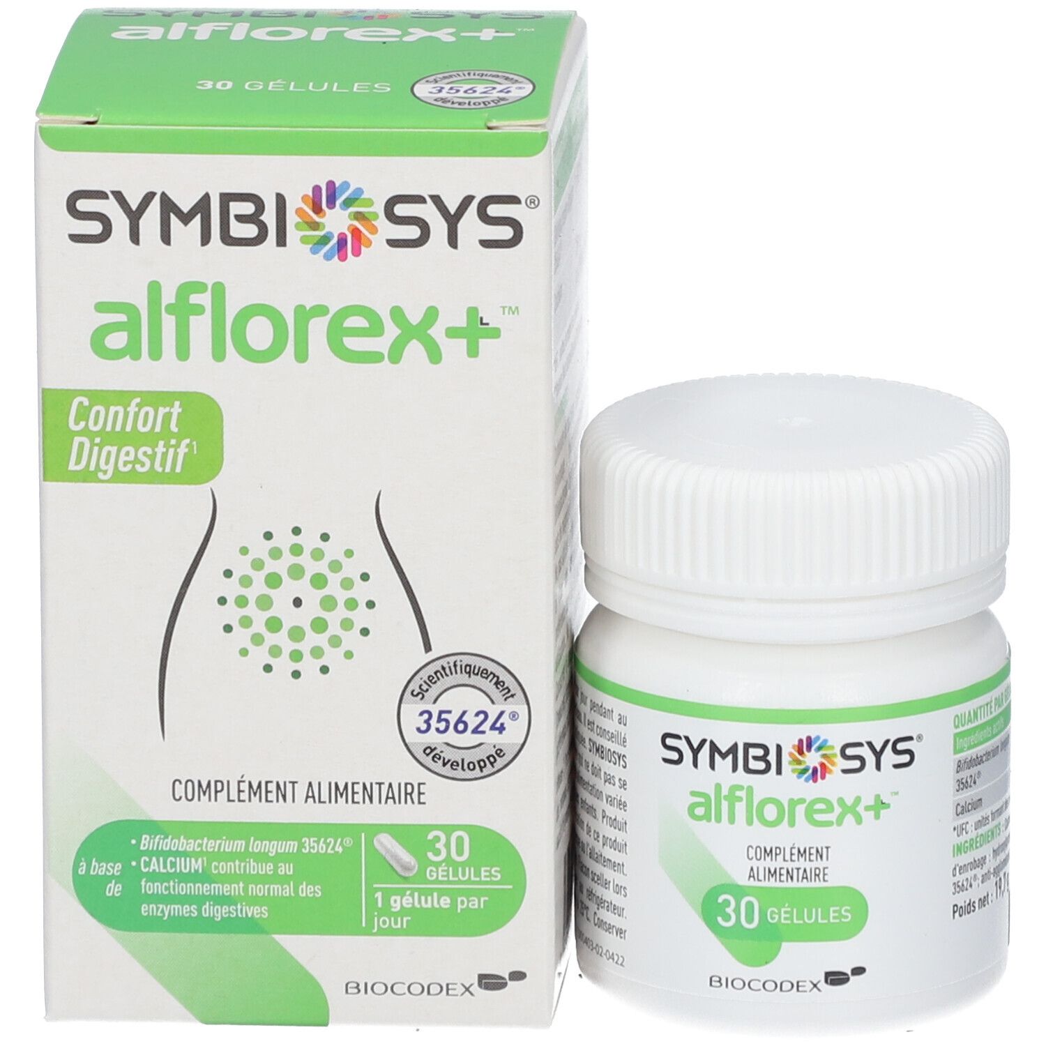Produktverpackung mit Flasche. SYMBIOSYS Alflorex+ und 30 Kapseln. Grüne und weiße Verpackung mit Produktinformationen.