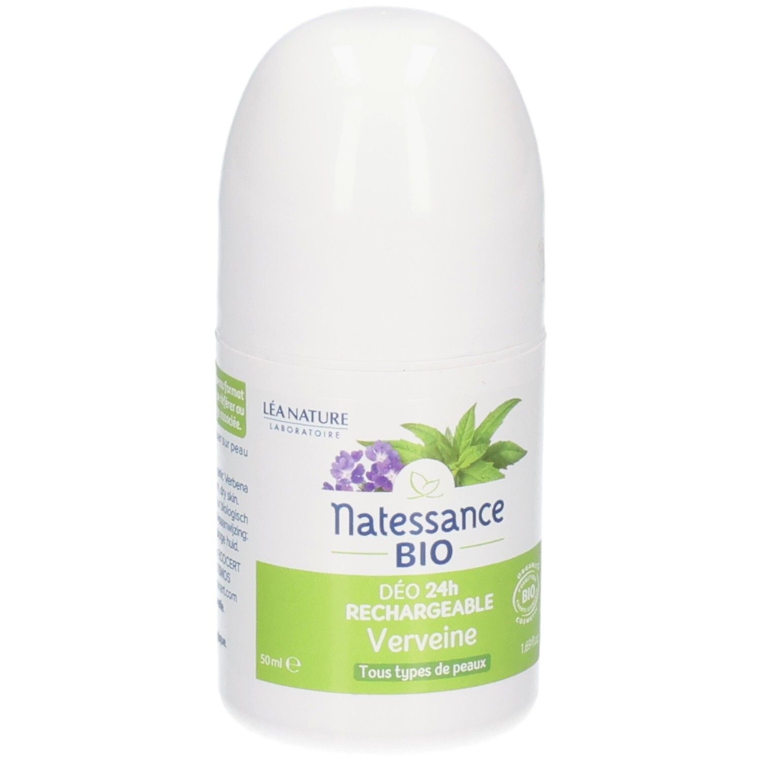 Weißer Roll-on-Deo-Behälter. Aufschrift: Natessance BIO, DÉO 24H RECHARGEABLE Verveine. Für alle Hauttypen.