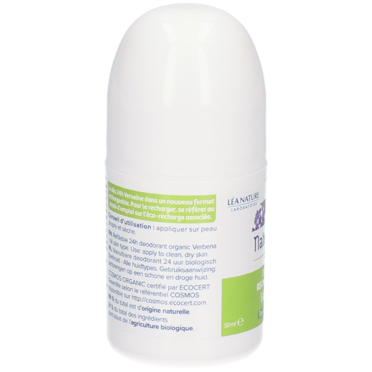 Rückseite des weißen Roll-on-Deos. Text: Gebrauchsanweisung, Inhaltsstoffe, COSMOS ORGANIC-Zertifizierung.