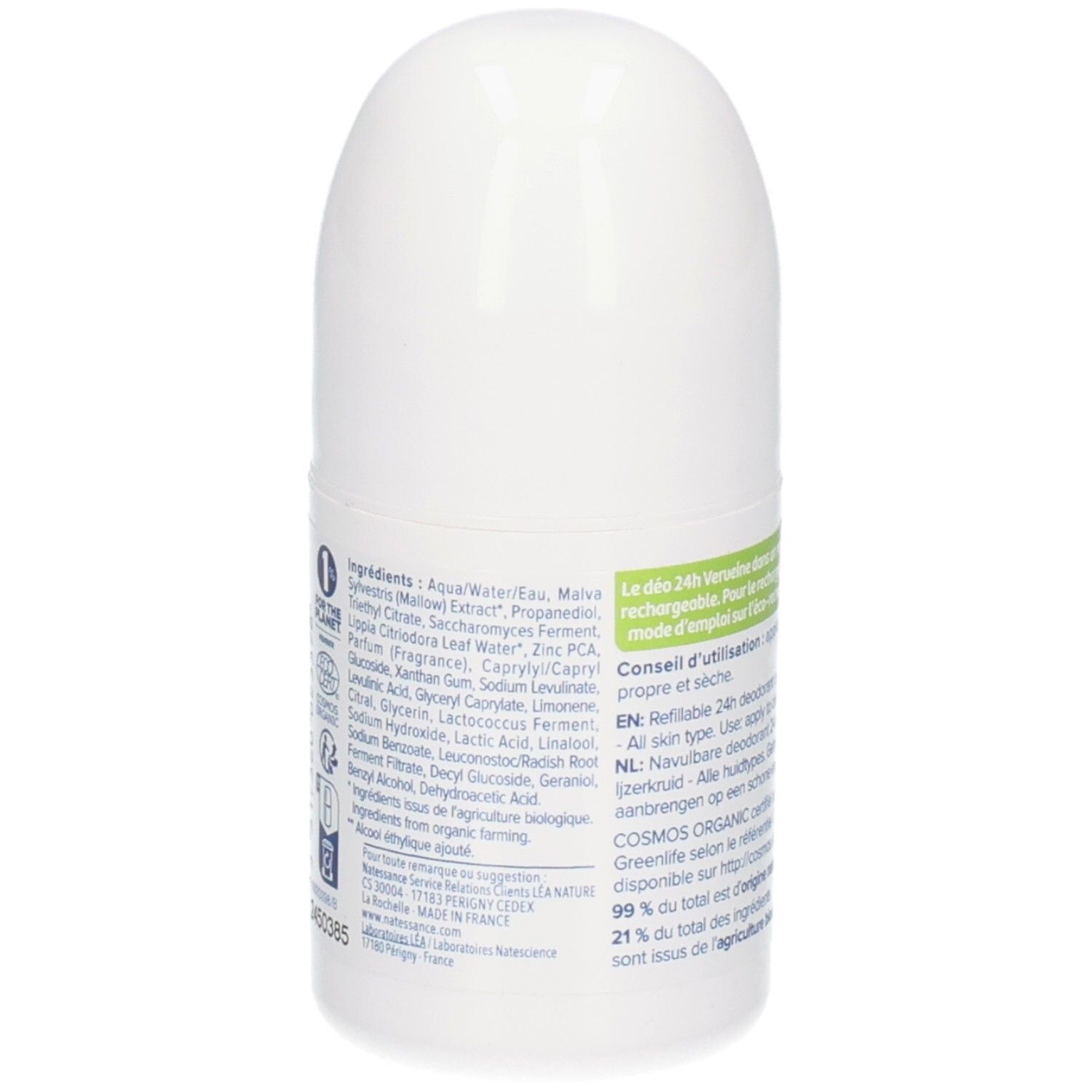 Rückseite des weißen Roll-on-Deos. Text: Inhaltsstoffe, COSMOS ORGANIC-Zertifizierung, Herkunft.