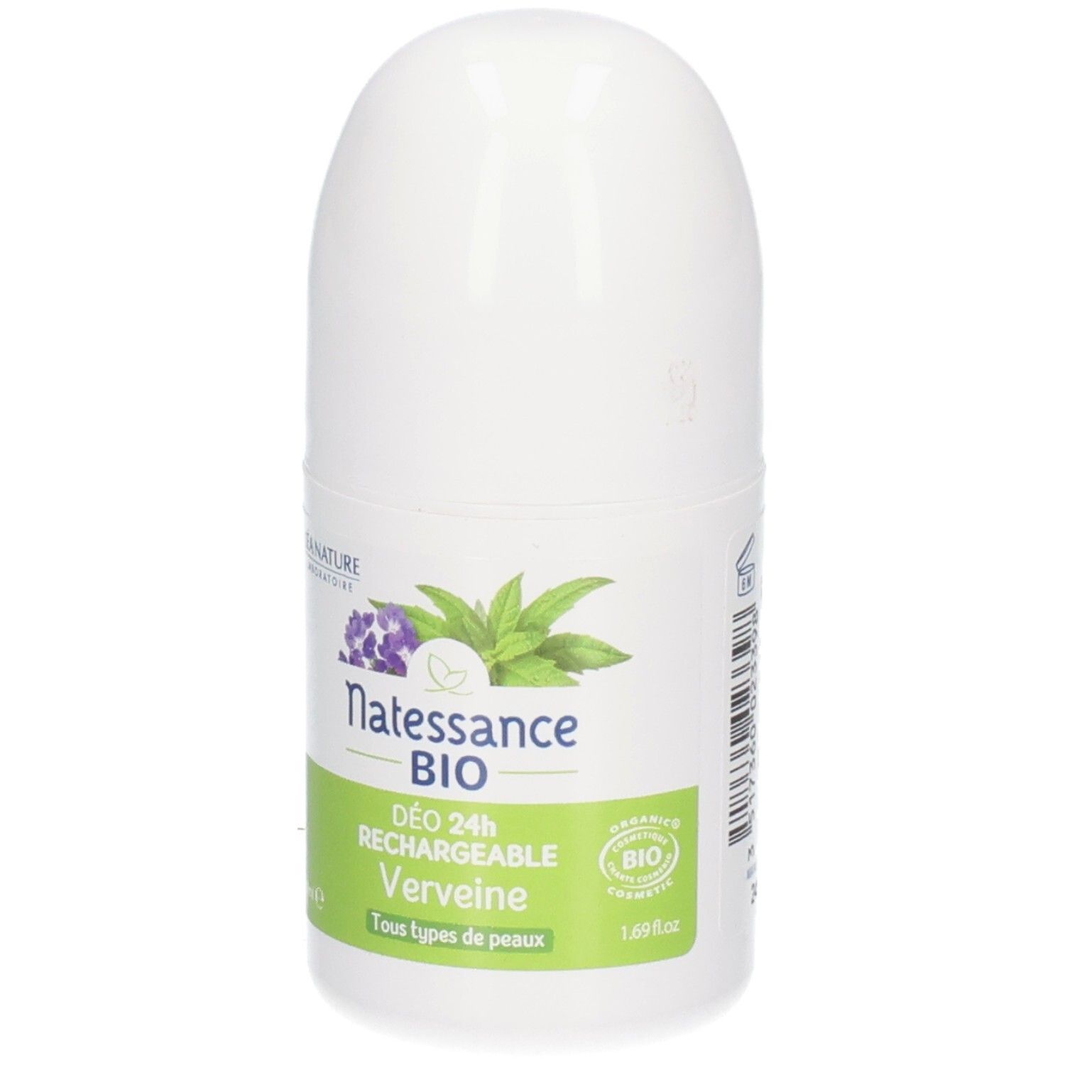 Weißer Roll-on-Deo-Behälter. Aufschrift: Natessance BIO, DÉO 24H RECHARGEABLE Verveine. Für alle Hauttypen.
