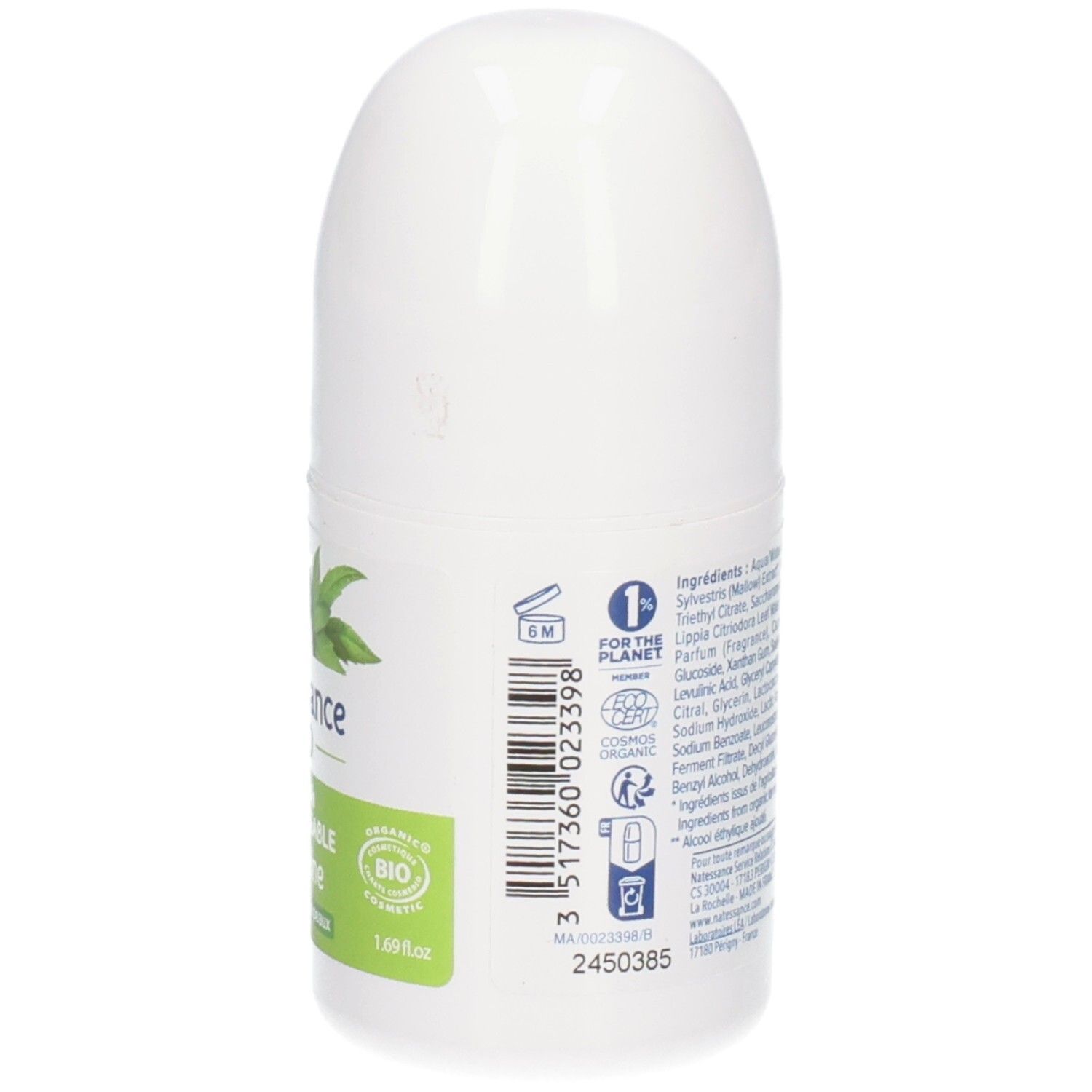 Rückseite des weißen Roll-on-Deos. Text: Inhaltsstoffe, Barcode, COSMOS ORGANIC-Zertifizierung.
