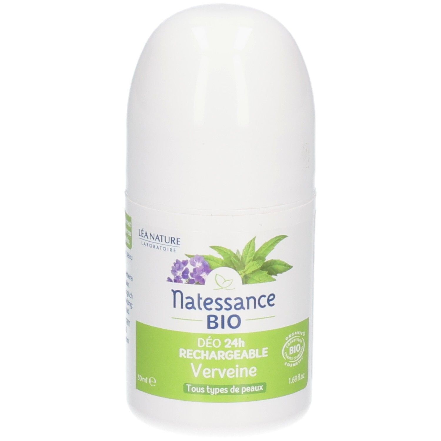 Weißer Roll-on-Deo-Behälter. Aufschrift: Natessance BIO, DÉO 24H RECHARGEABLE Verveine. Für alle Hauttypen.