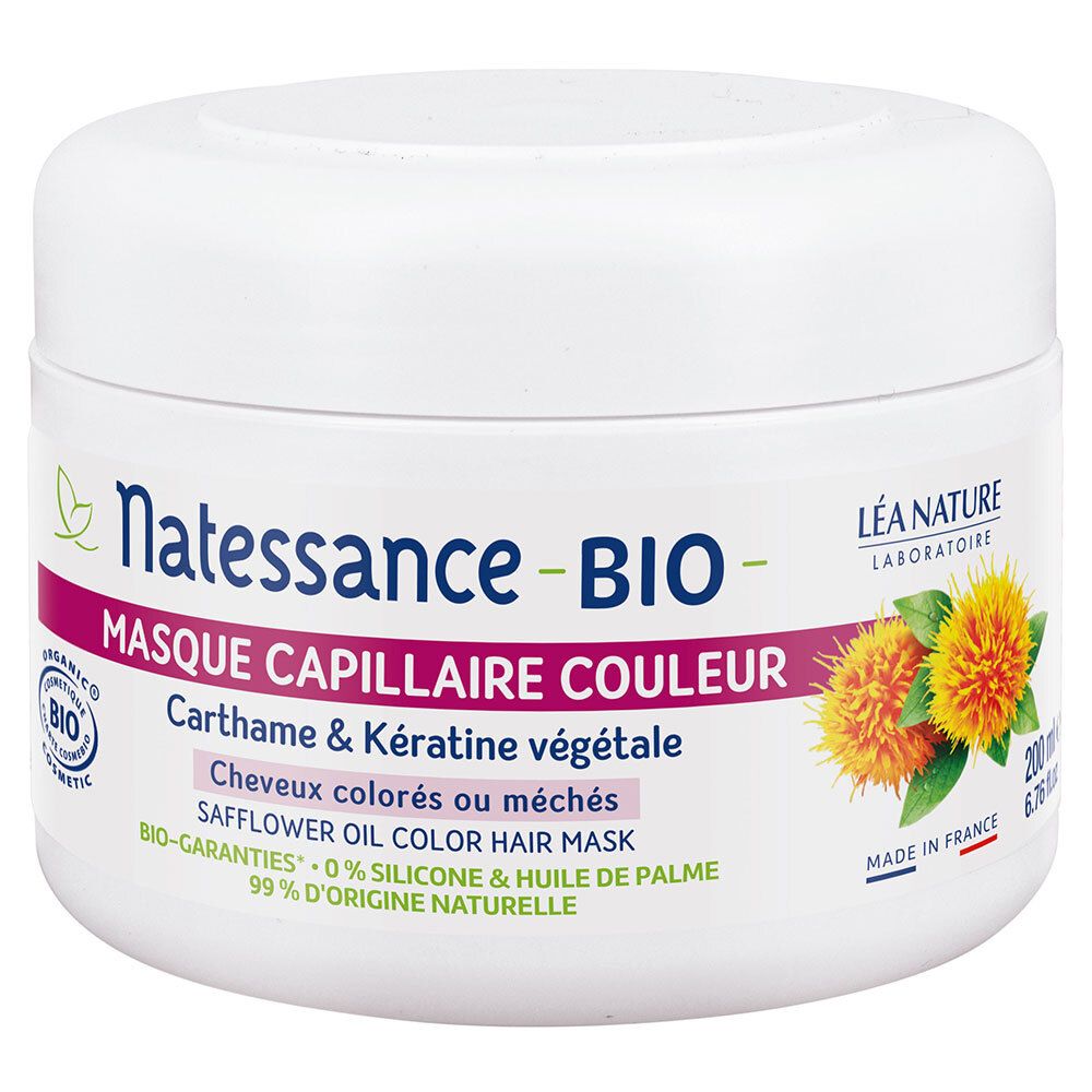 Pot blanc Natessance-BIO, Masque Capillaire Couleur. Huile de carthame et kératine végétale. Pour cheveux colorés.
