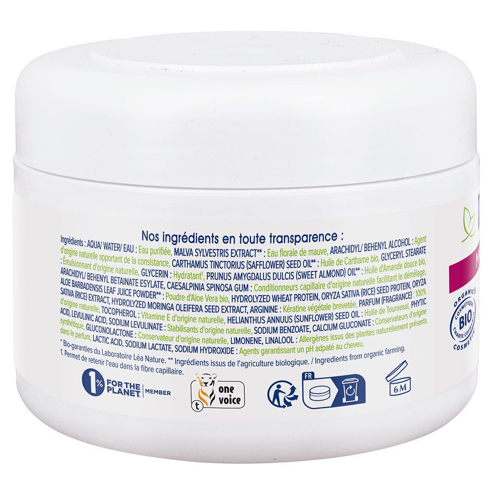 Dos du pot blanc avec ingrédients et certifications. Informations sur les ingrédients et la certification écologique.