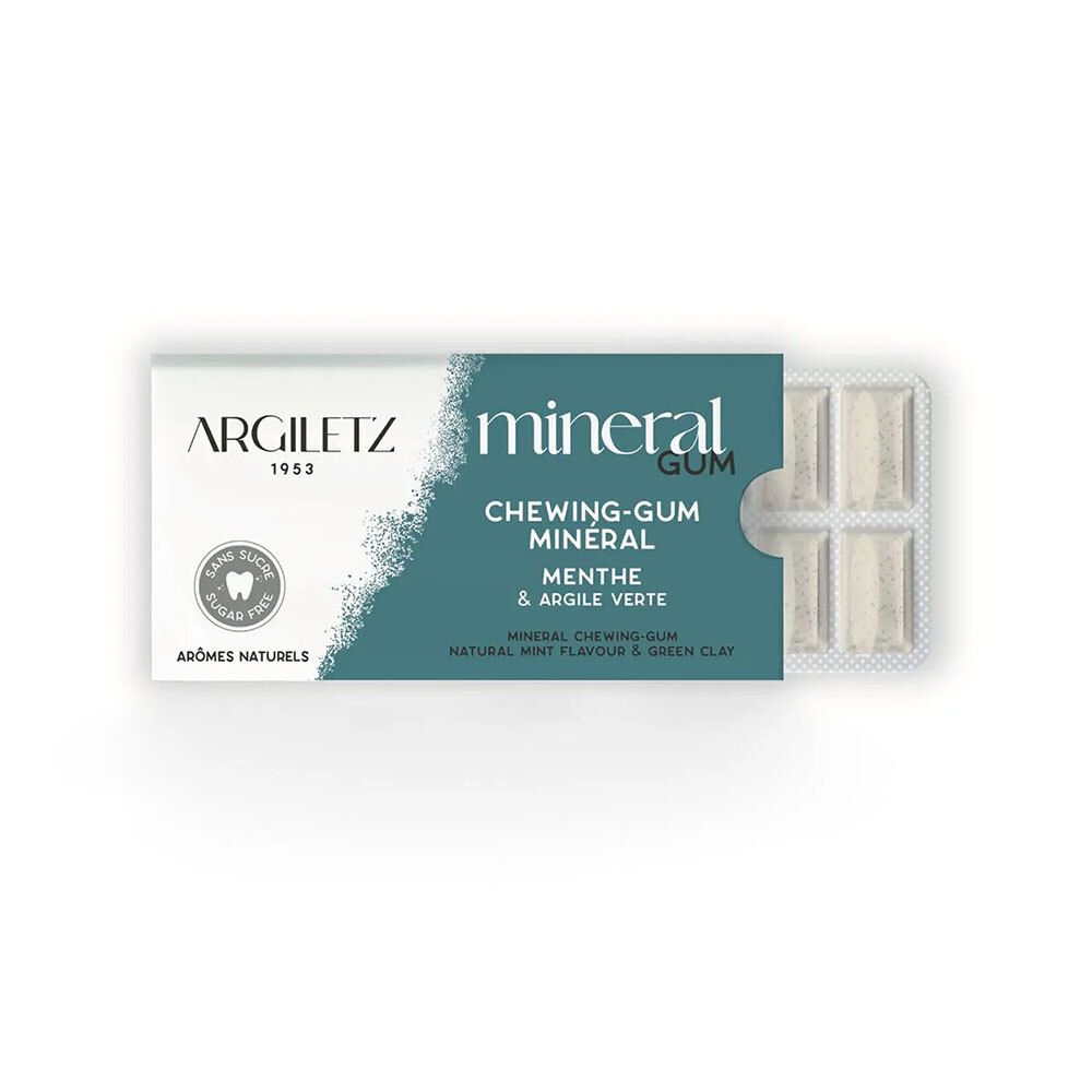 Boîte de chewing-gum Argiletz Minéral. Blanc et turquoise, avec 4 gommes visibles. Texte: "Mineral", "Menthe & Argile Verte".