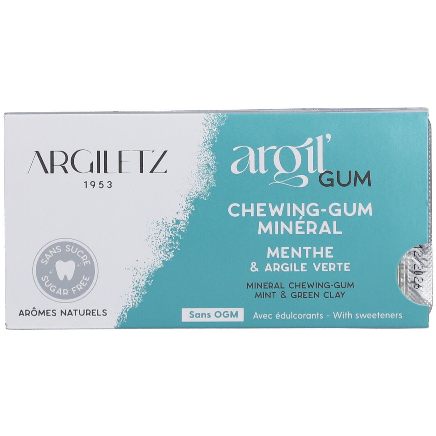 Schachtel Argiletz Kaugummi, zuckerfrei, Minze. Vorderseite mit Logo, Produktname, Inhaltsangaben und Zertifizierungen.