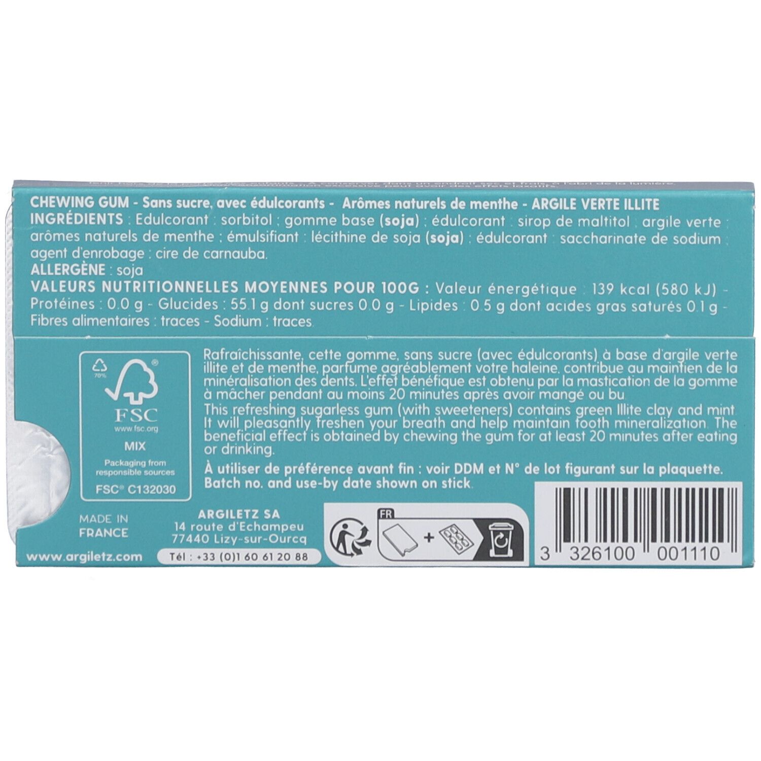 Rückseite der Argiletz Kaugummi-Verpackung. Text mit Inhaltsstoffen, Nährwertangaben, Gebrauchsanweisung und Herstellerinformationen.