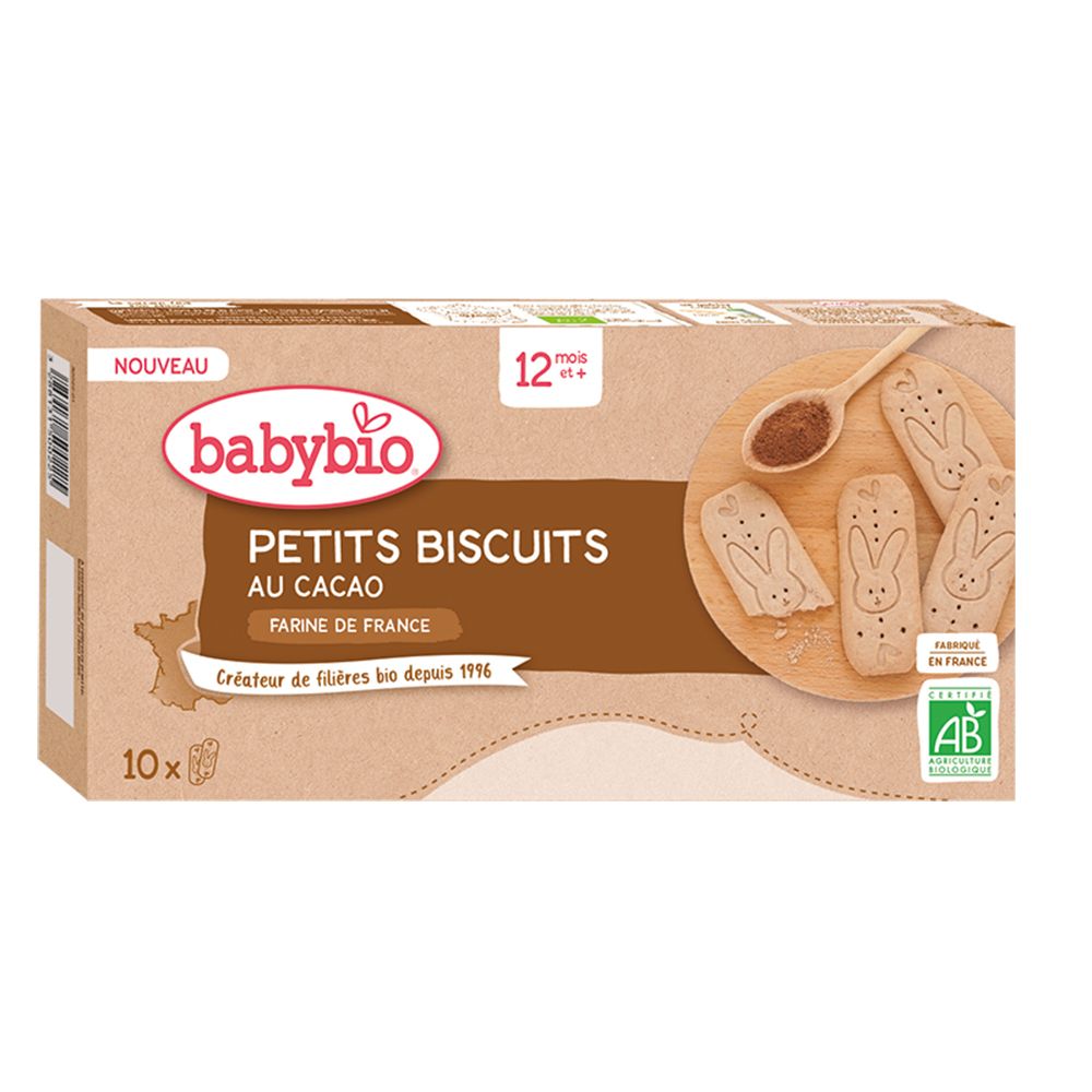 Kartonverpackung mit Babybio Petit Biscuits au Cacao. Aufdrucke: 12 mois+, 10x, AB-Siegel, Farine de France.