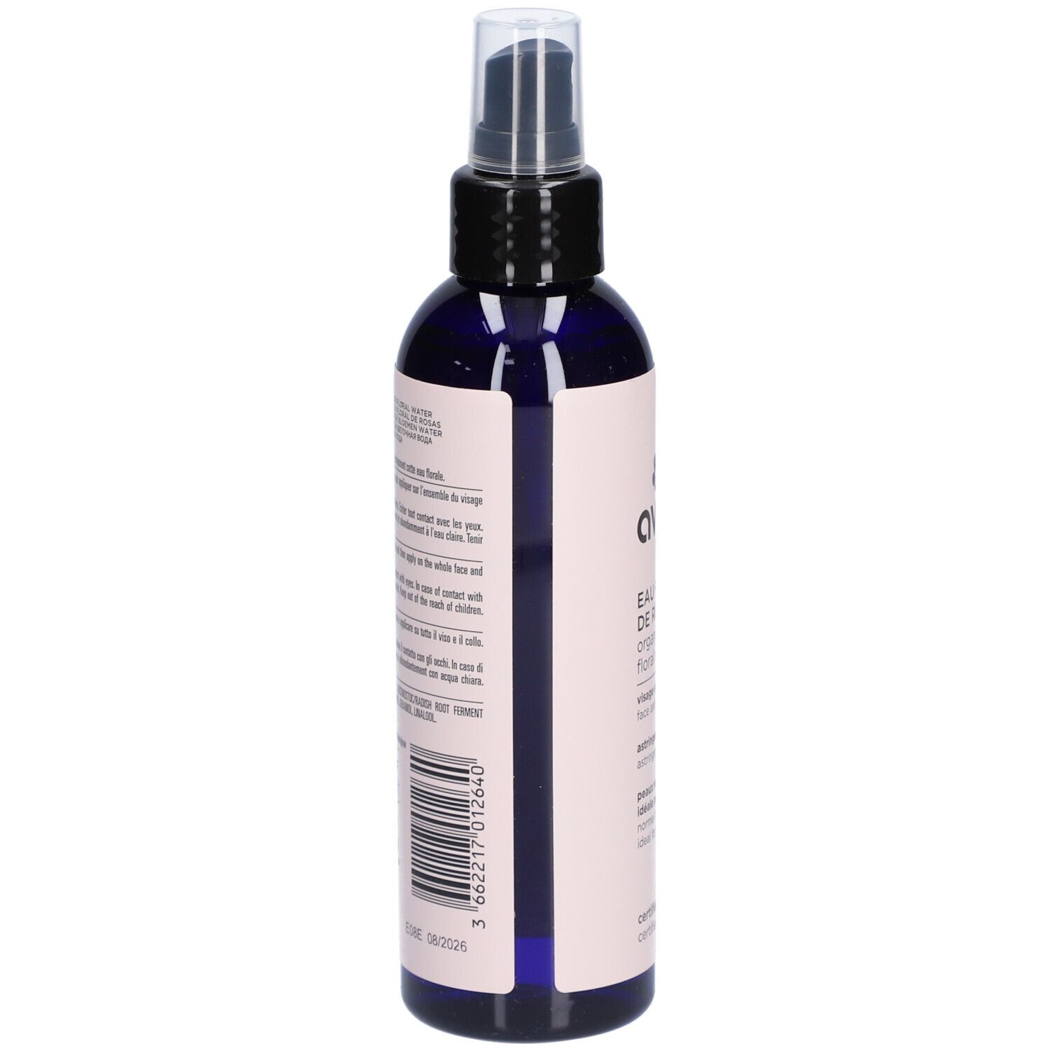 Flacon pulvérisateur bleu foncé avec étiquette rose. Code-barres et texte au dos. Informations sur le produit.