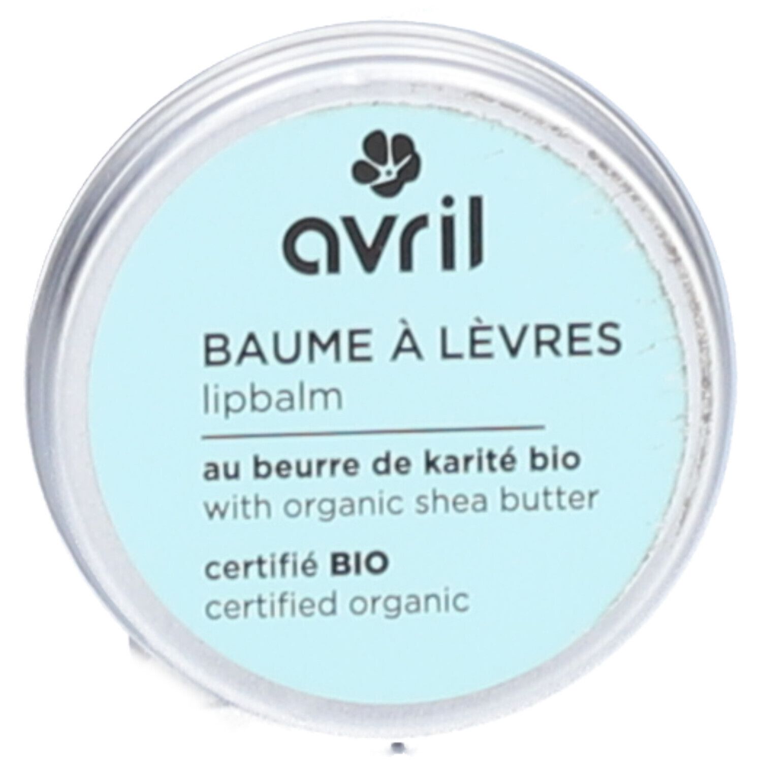 Runde Dose mit hellblauem Deckel. Aufschrift: Avril, Baume à Lèvres, lipbalm, au beurre de karité bio, certifié BIO.
