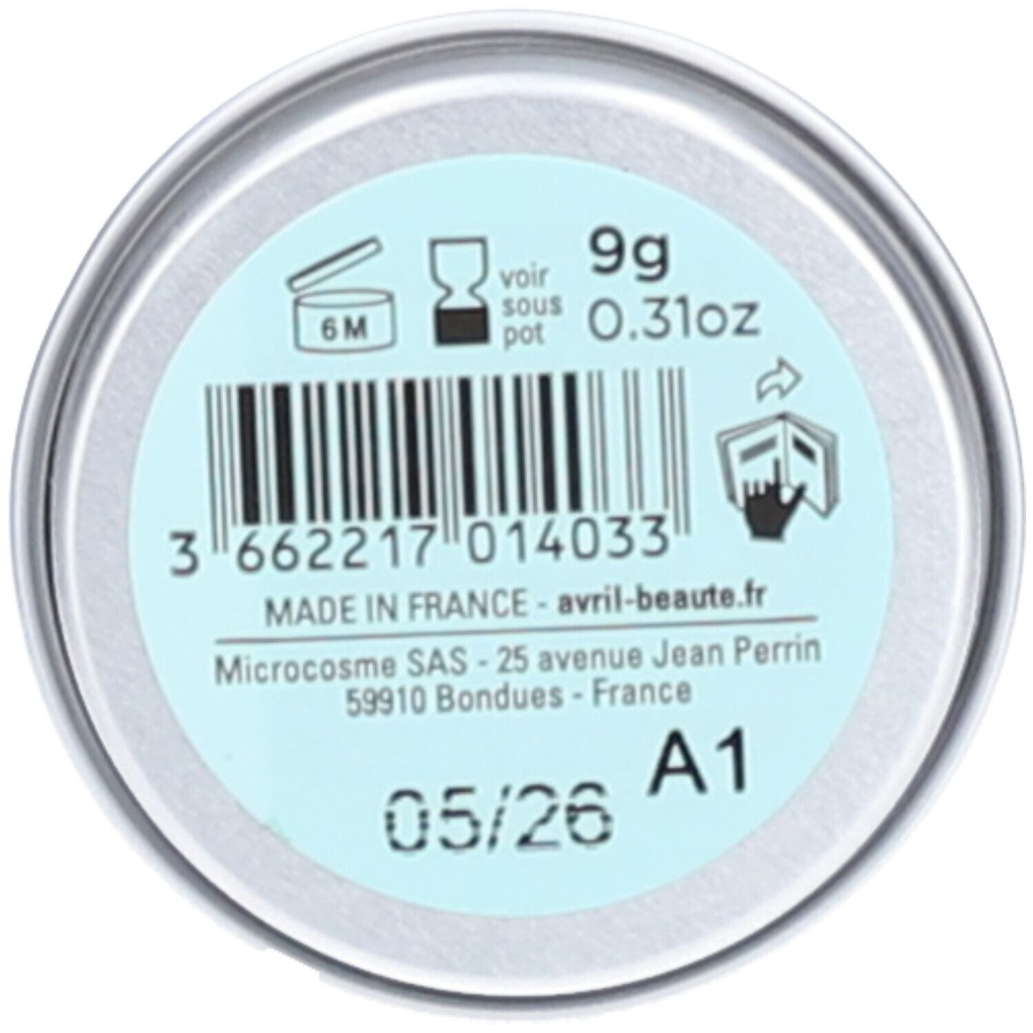 Runde Dose, Rückseite. Aufschrift: 9g, 0.31oz, Barcode, Made in France, avril-beaute.fr, 05/26, A1.