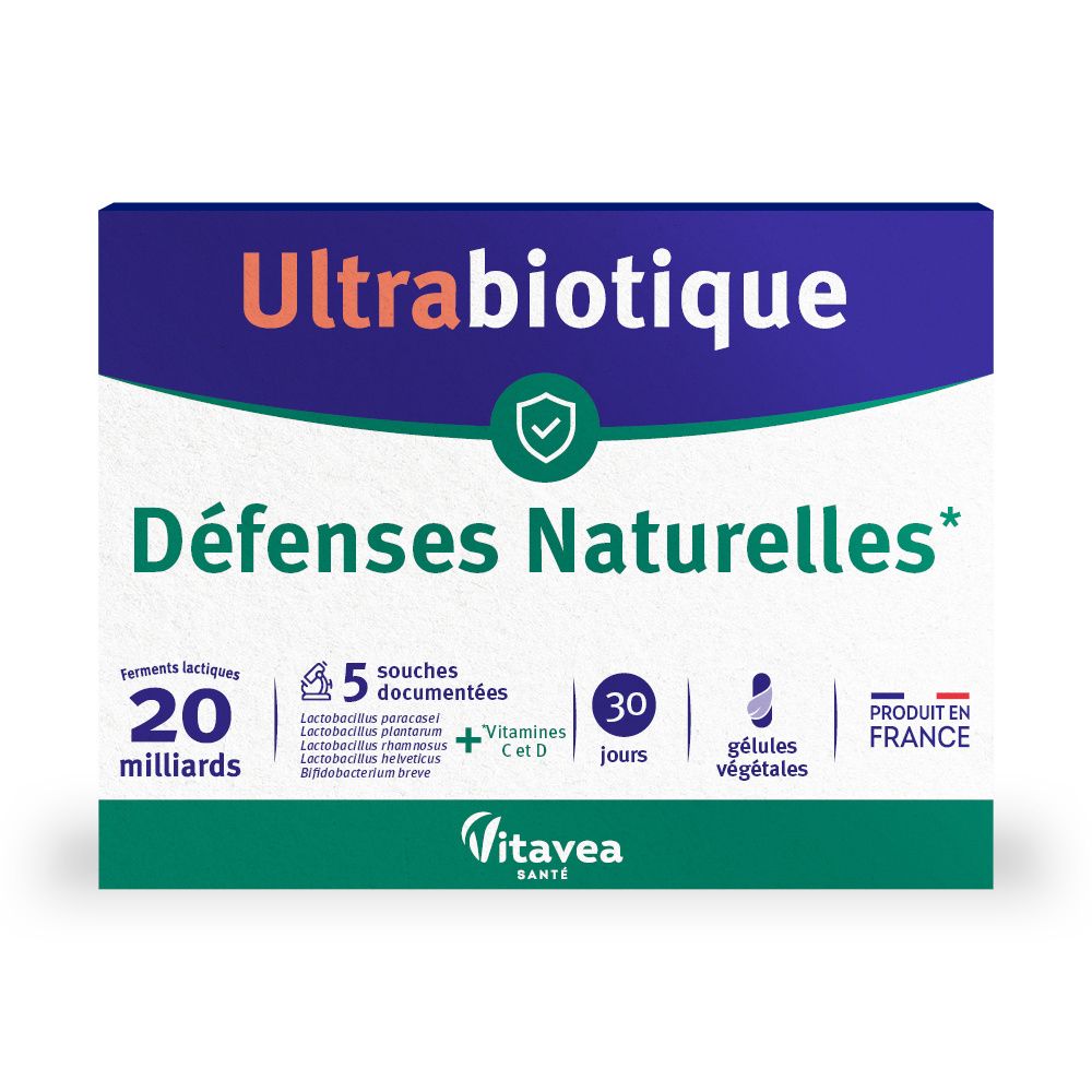 Verpackung von ULTRABIOTIK Natural Defence. Blaue und weiße Schachtel mit grünen Akzenten. Text: Défenses Naturelles, 20 Milliarden, 30 Tage.