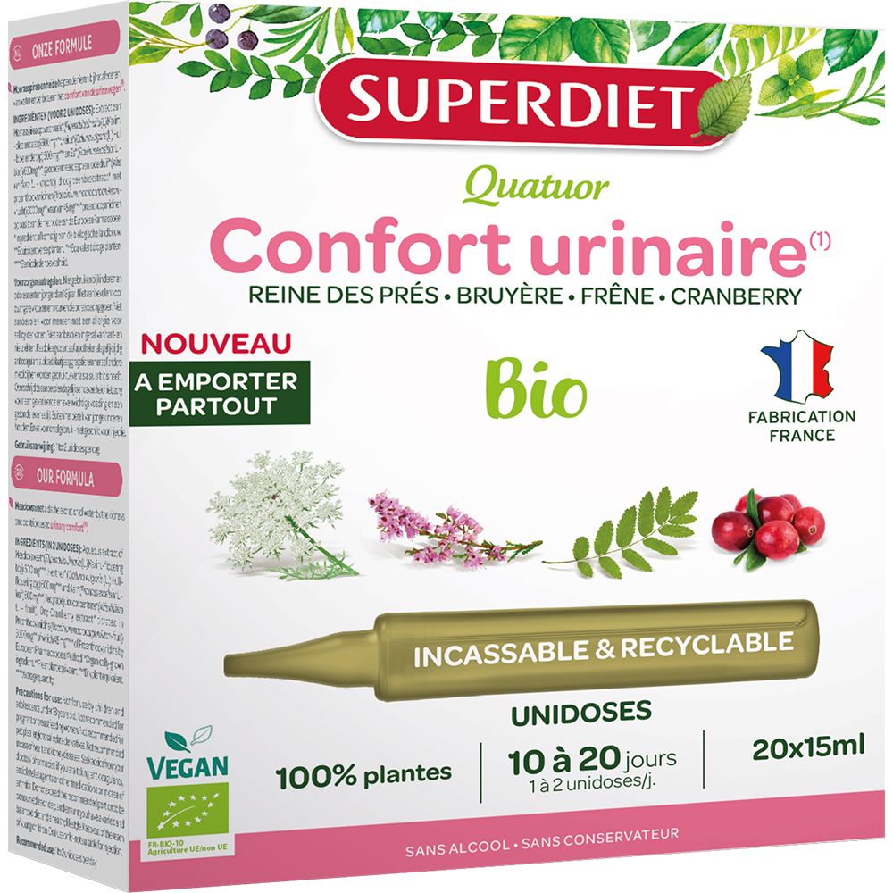Schachtel mit QUATUOR CONFORT URINAIRE BIO. Enthält 20 Einzeldosen à 15 ml. Vegan, 100% Pflanzen, Bio-Zertifizierung, Hergestellt in Frankreich.