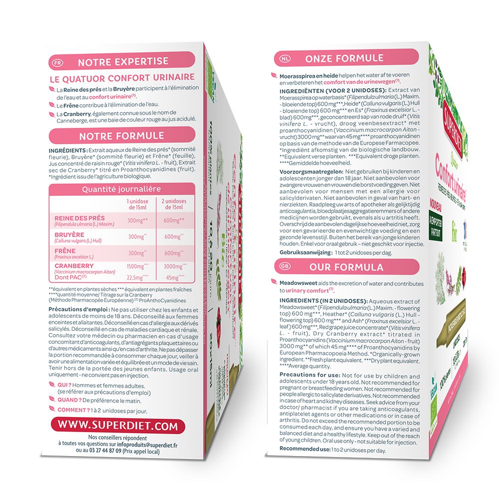 Rückseite der QUATUOR CONFORT URINAIRE BIO-Verpackung. Enthält Informationen zu Inhaltsstoffen und Anwendung. Text in Deutsch und Niederländisch.