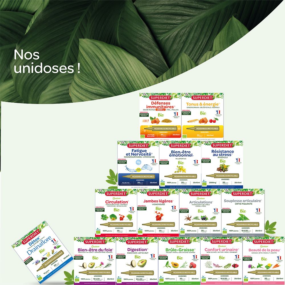 Mehrere QUATUOR-Produktverpackungen. Zeigt verschiedene Varianten für unterschiedliche Bedürfnisse: Immunsystem, Energie, Stress, etc.