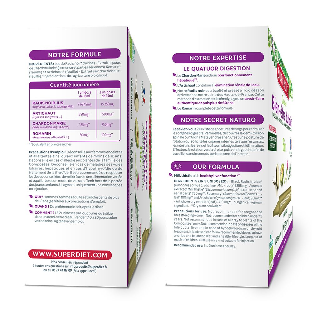 Rückseite der Schachtel Superdiet Quatuor Bio Leber. Inhaltsstoffe, Dosierung, Hinweise. Text in Französisch.