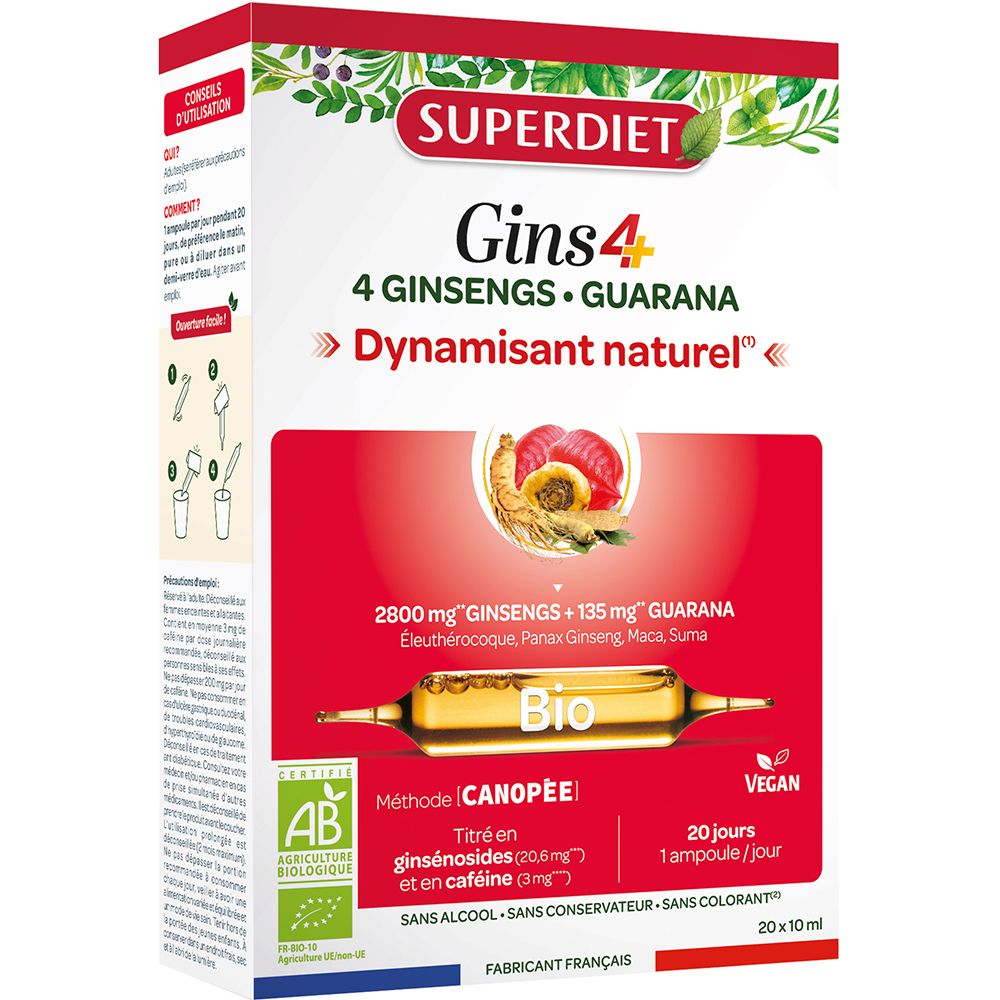 Verpackung mit Produkt Gins4, 4 Ginsengs, Guarana. Enthält 20 Ampullen. Bio-Zertifizierung. Vegan.