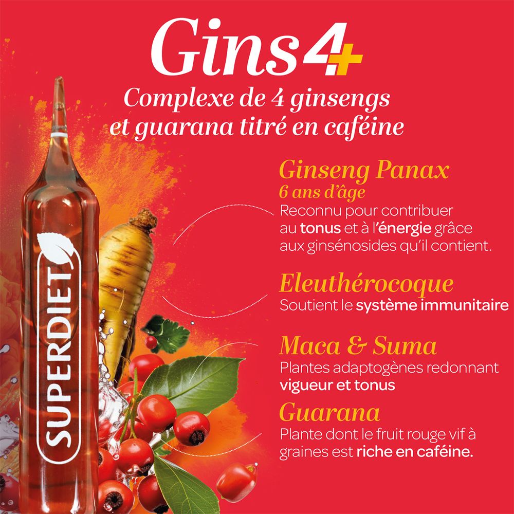 Gins4-Ampulle mit Inhaltsstoffen: Ginseng Panax, Eleutherococcus, Maca & Suma, Guarana. Roter Hintergrund.