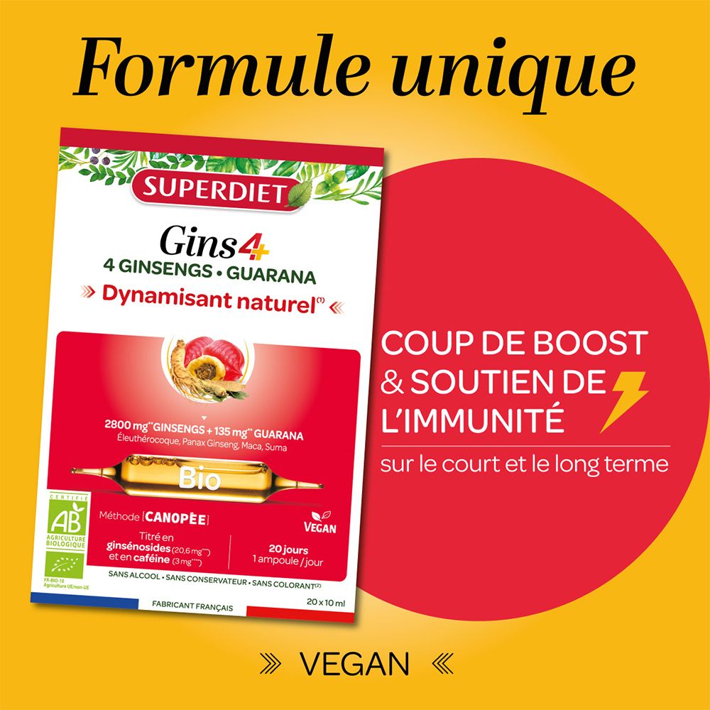Gins4-Verpackung. Text: 'Einzigartige Formel'. Fördert Immunität. Vegan.