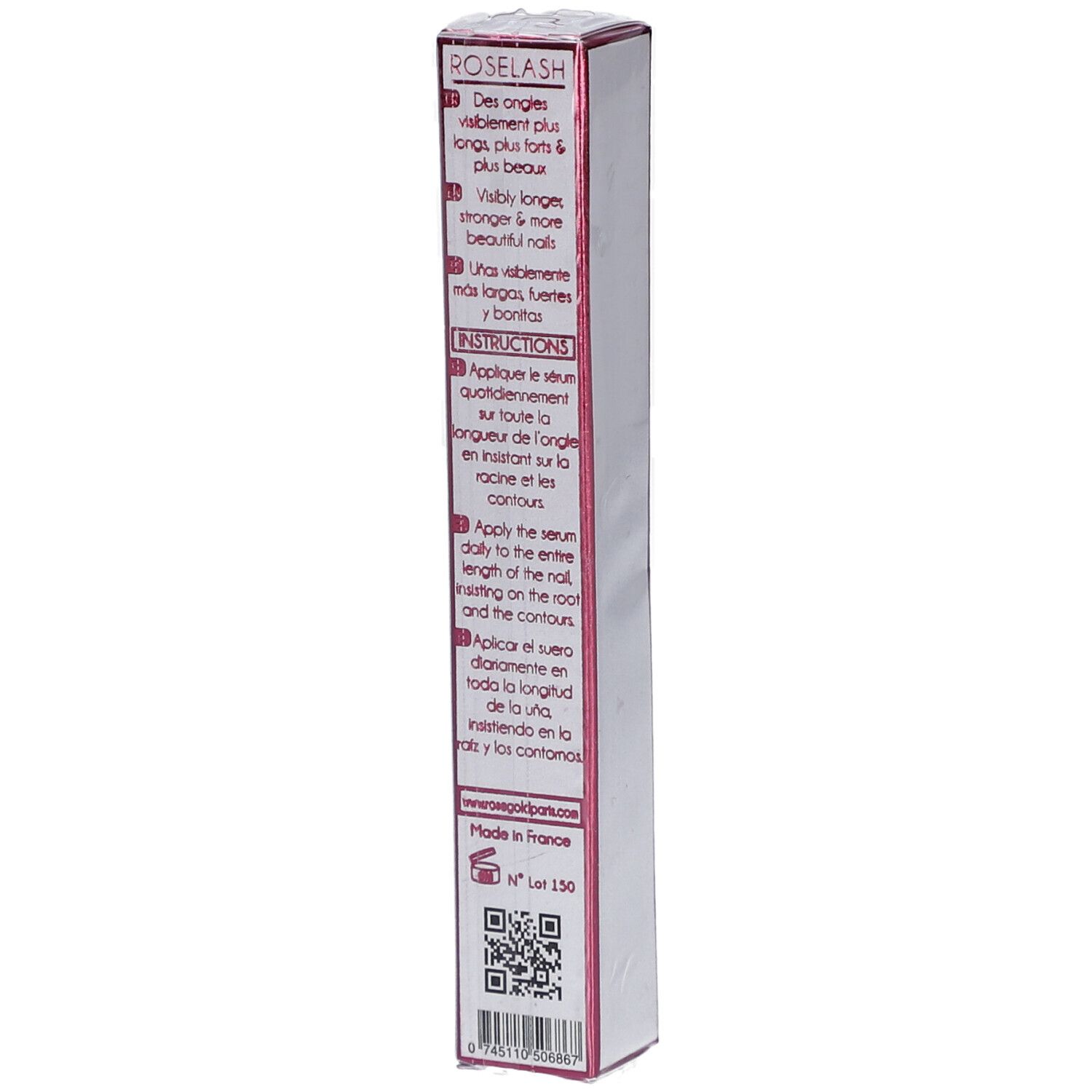 Rückseite der ROSENAIL-Verpackung. Text in mehreren Sprachen. Enthält Anweisungen und Inhaltsstoffe.