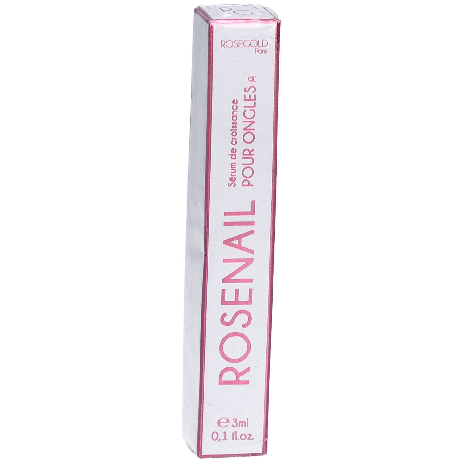 Schachtel mit ROSENAIL Serum für Nägel. Rosa Schrift auf weißem Grund. Volumen: 3ml.