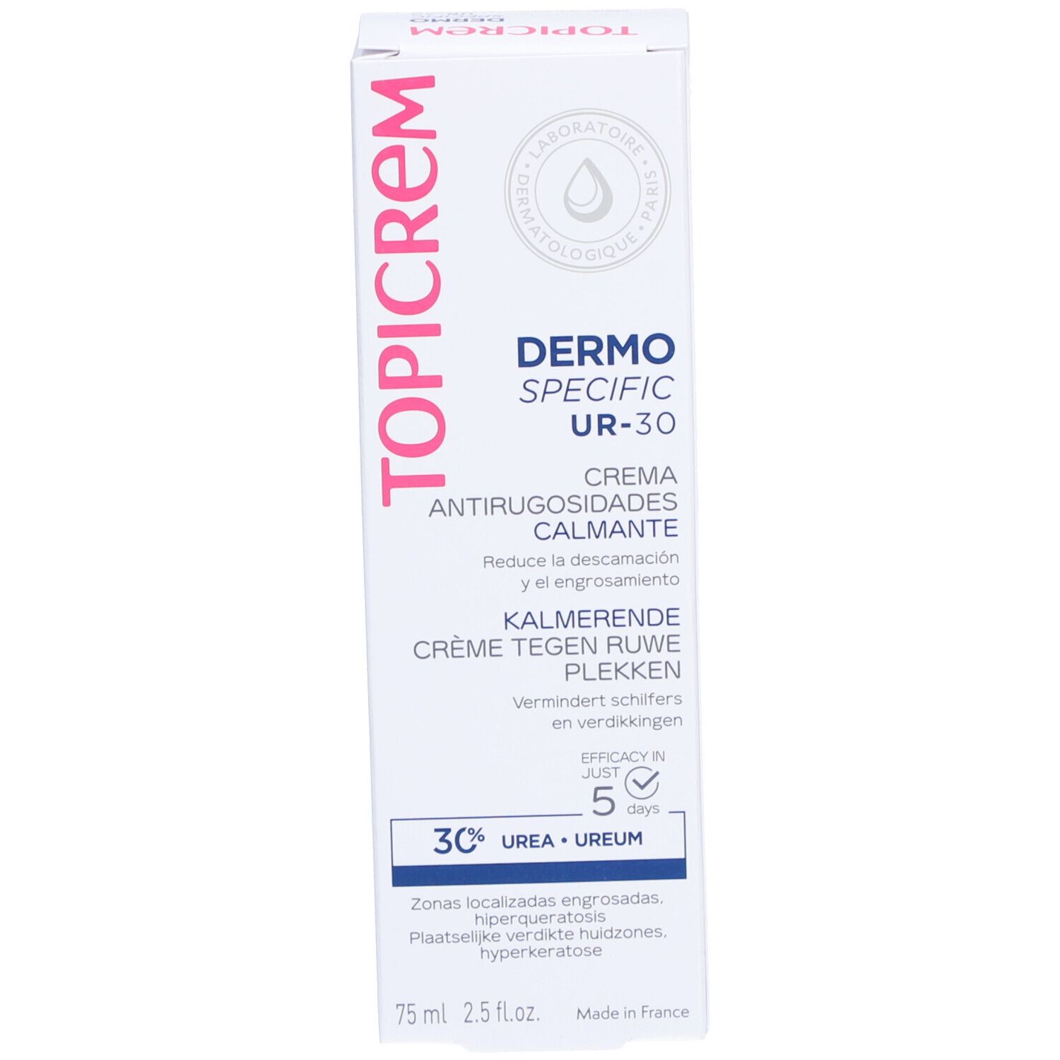 Emballage de la crème Topicrem Dermo-Specific UR-30. Boîte blanche avec texte rose. Contient 30% d'urée.
