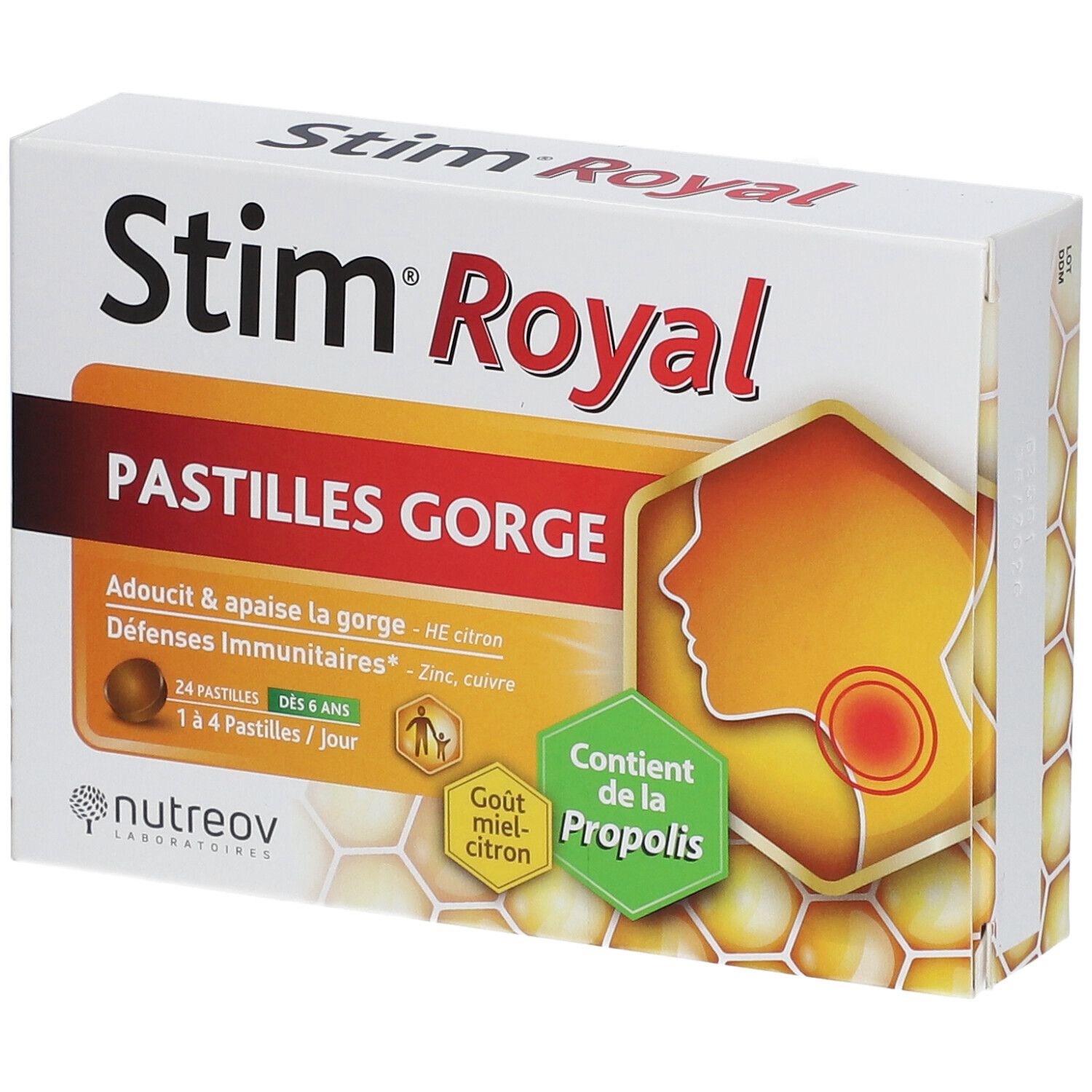 Boîte de Stim Royal Pastilles Gorge. Blanche, orange et jaune. Contient 24 pastilles. Avec propolis et citron.