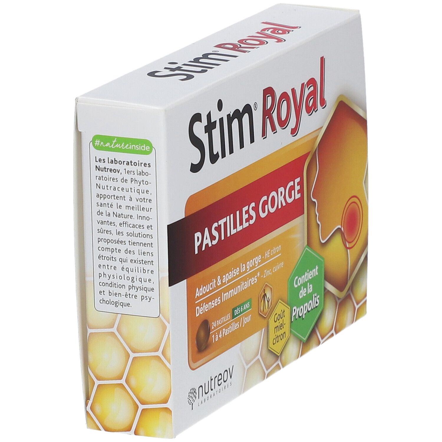 Boîte Stim Royal Pastilles Gorge en biais. Blanche, orange et jaune. Avec propolis et citron. Marque Nutreov.