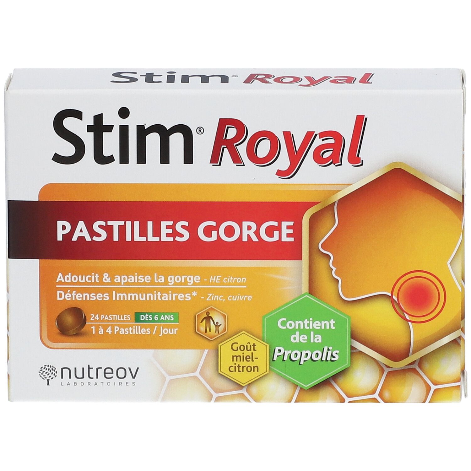 Boîte Stim Royal Pastilles Gorge. Blanche, orange et jaune. Contient 24 pastilles. Avec propolis et citron. Marque Nutreov.
