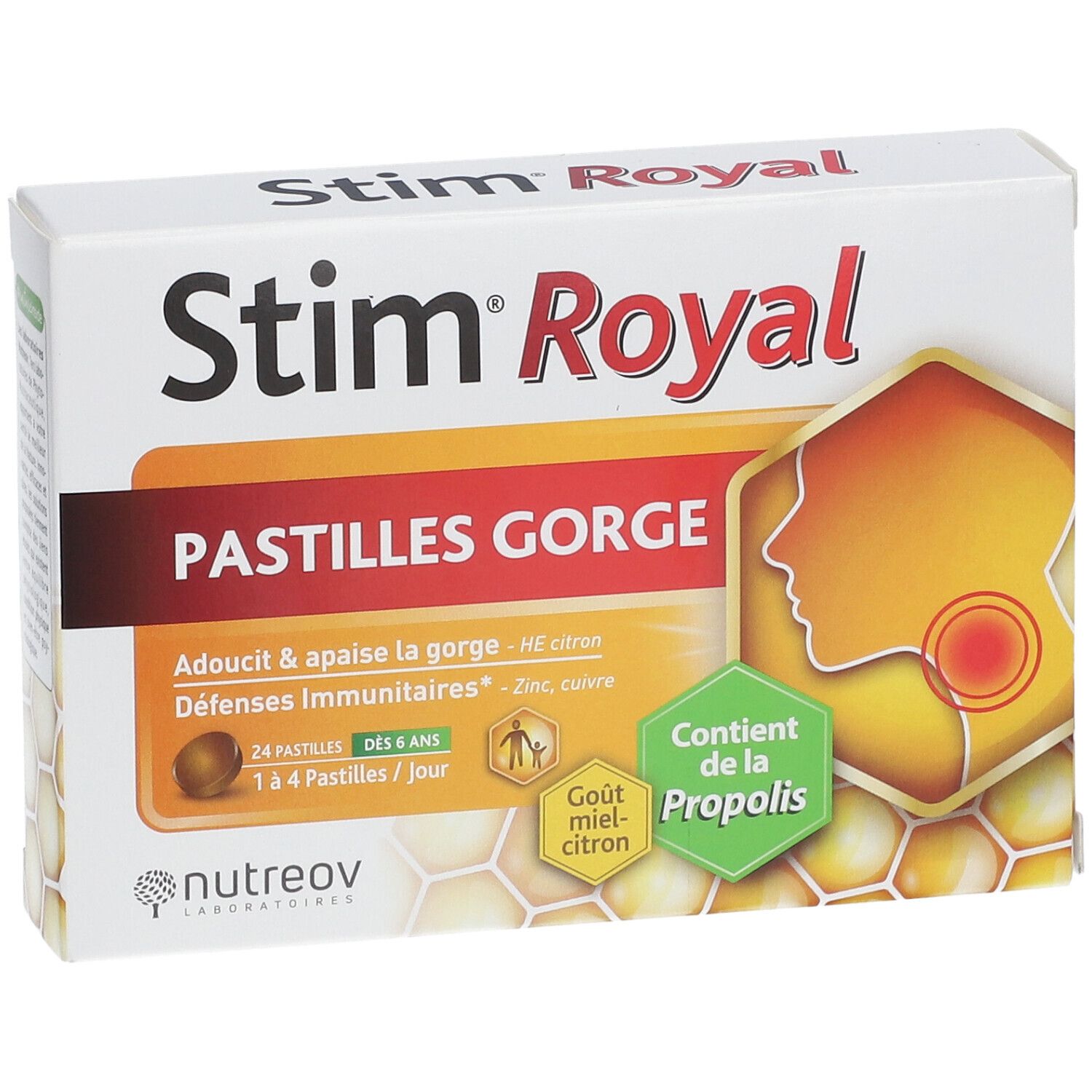 Boîte Stim Royal Pastilles Gorge. Blanche, orange et jaune. Contient 24 pastilles. Avec propolis et citron. Marque Nutreov.
