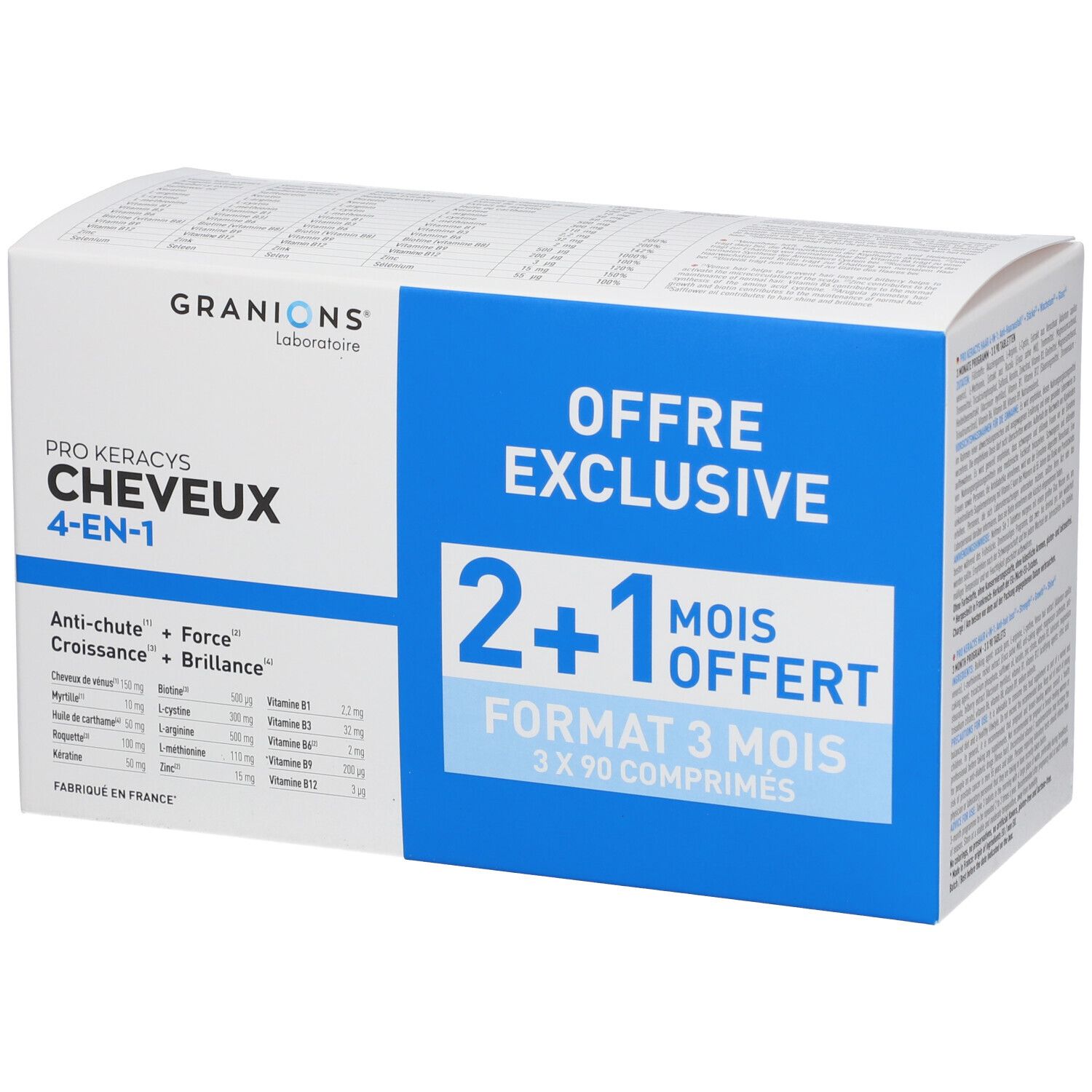 Boîte GRANIONS® Pro Keracys Cheveux 4-en-1. Emballage bleu et blanc. Texte : 2+1 mois offerts, Format 3 mois, 3x90 comprimés.