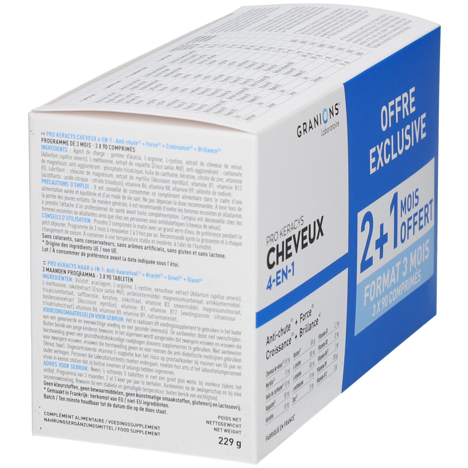 Boîte GRANIONS® Pro Keracys Cheveux 4-en-1. Emballage avec texte et ingrédients. Emballage bleu et blanc. 2+1 mois offerts.