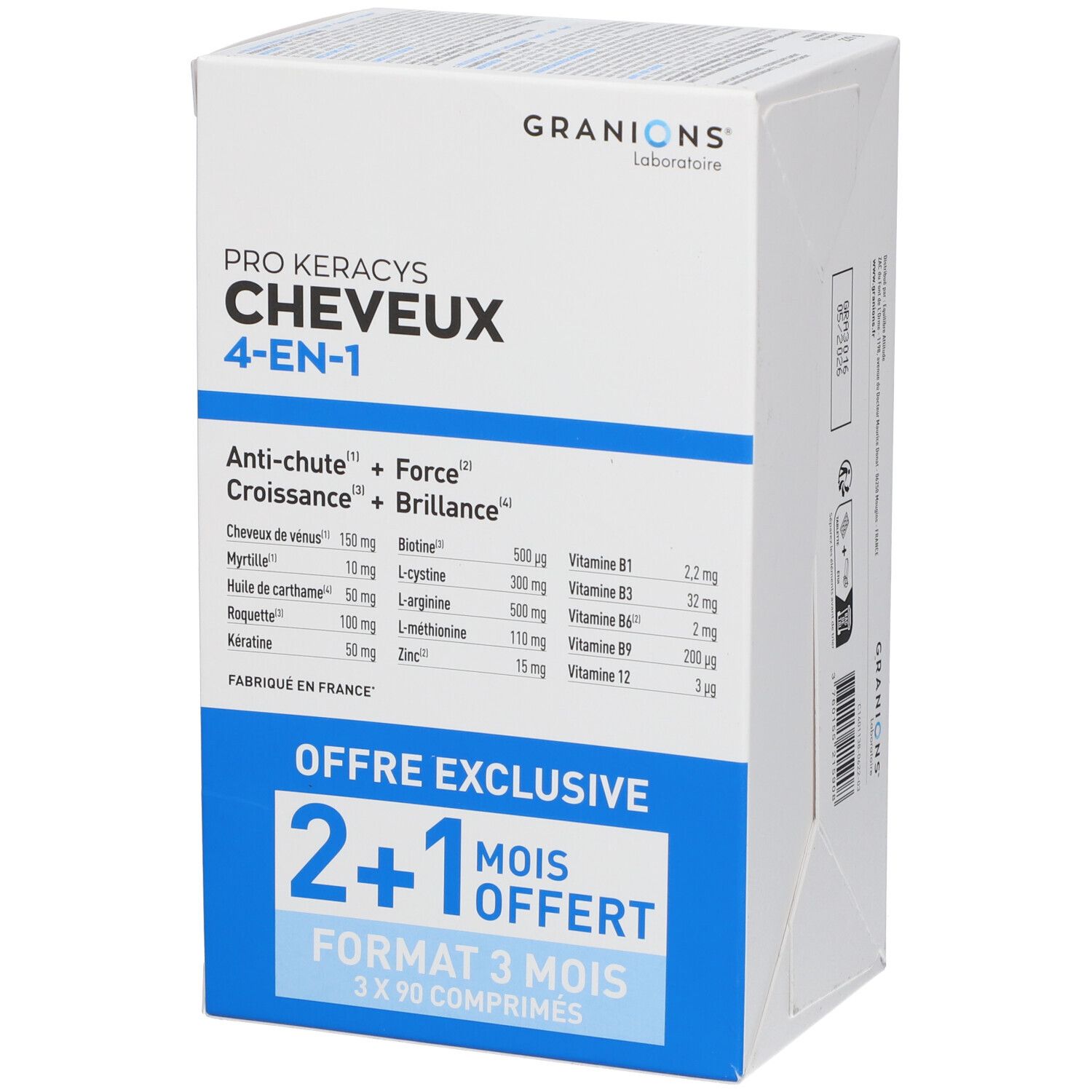 Boîte GRANIONS® Pro Keracys Cheveux 4-en-1. Emballage bleu et blanc. Texte : 2+1 mois offerts, Format 3 mois, 3x90 comprimés.