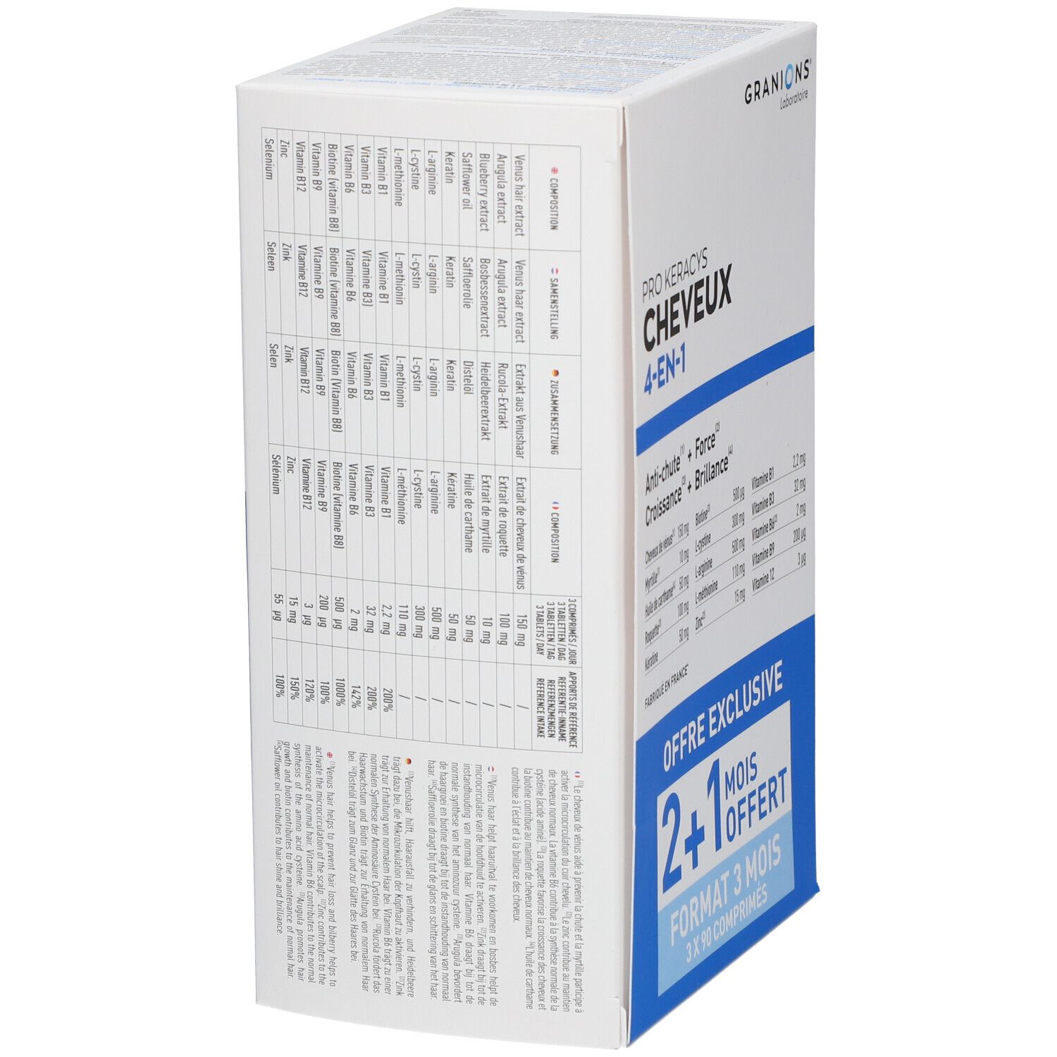 Boîte GRANIONS® Pro Keracys Cheveux 4-en-1. Emballage avec texte et ingrédients. Emballage bleu et blanc. 2+1 mois offerts.