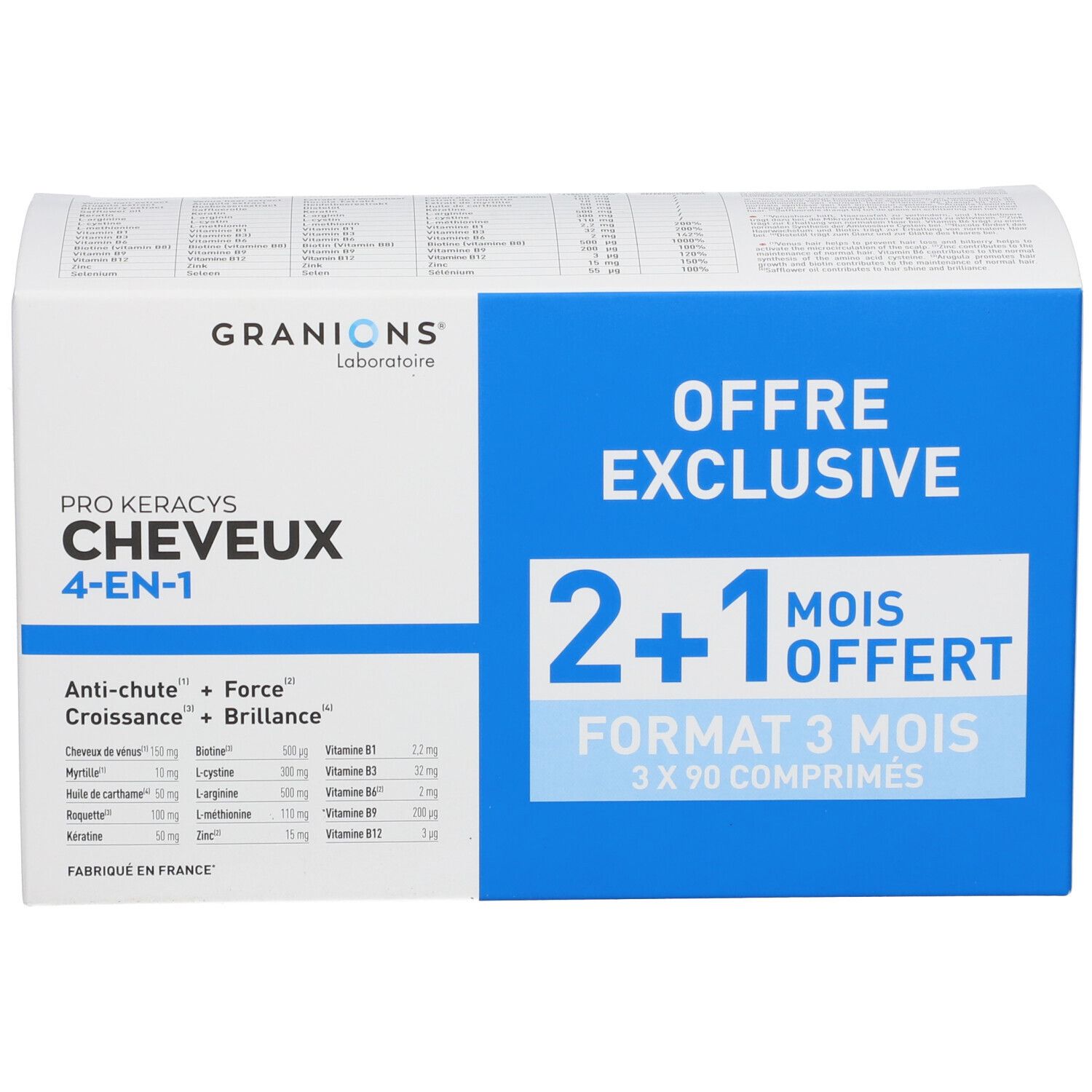 Boîte GRANIONS® Pro Keracys Cheveux 4-en-1. Emballage bleu et blanc. Texte : 2+1 mois offerts, Format 3 mois, 3x90 comprimés.
