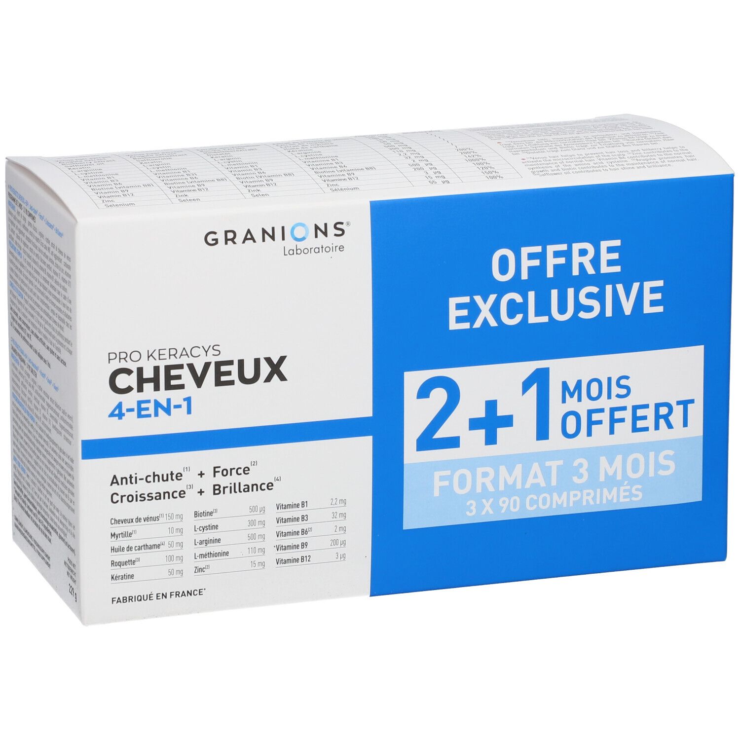 Boîte GRANIONS® Pro Keracys Cheveux 4-en-1. Emballage bleu et blanc. Texte : 2+1 mois offerts, Format 3 mois, 3x90 comprimés.
